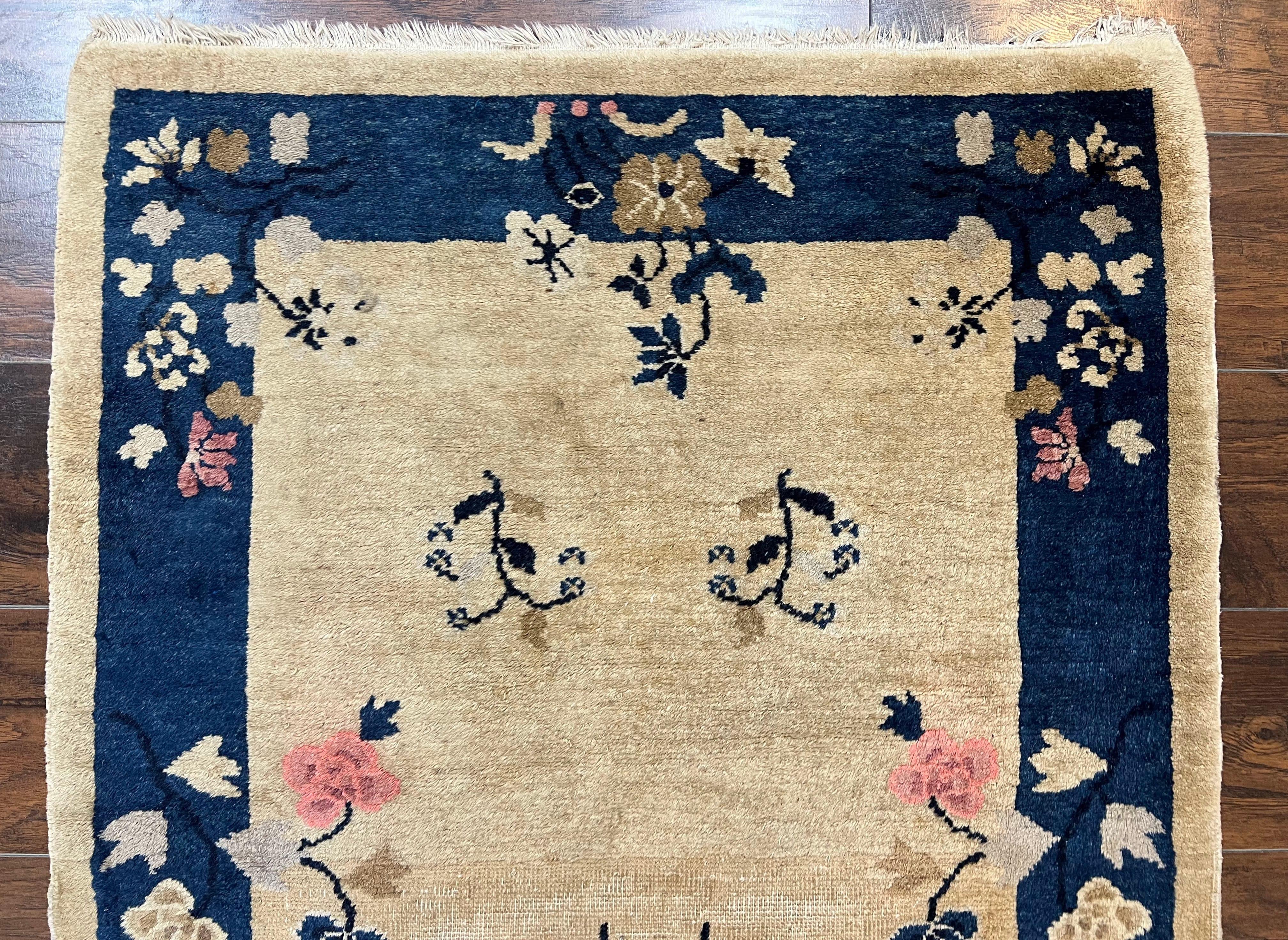 Antique Chinese Peking Rug 3x6, Beige and Dark Blue Hand Knotted Handmade Asian Oriental Carpet, Floral Vases, Vintage Wool Art Deco Rug - Jewel Rugs