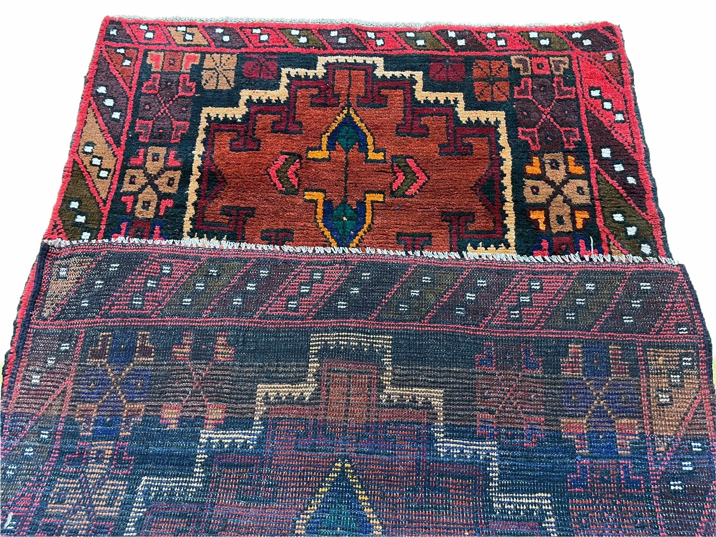 3' 2" X 4' 6" Vintage Handmade Tribal Wool Rug Balouchi Rug Afghan Red Blue 3x5 - Jewel Rugs