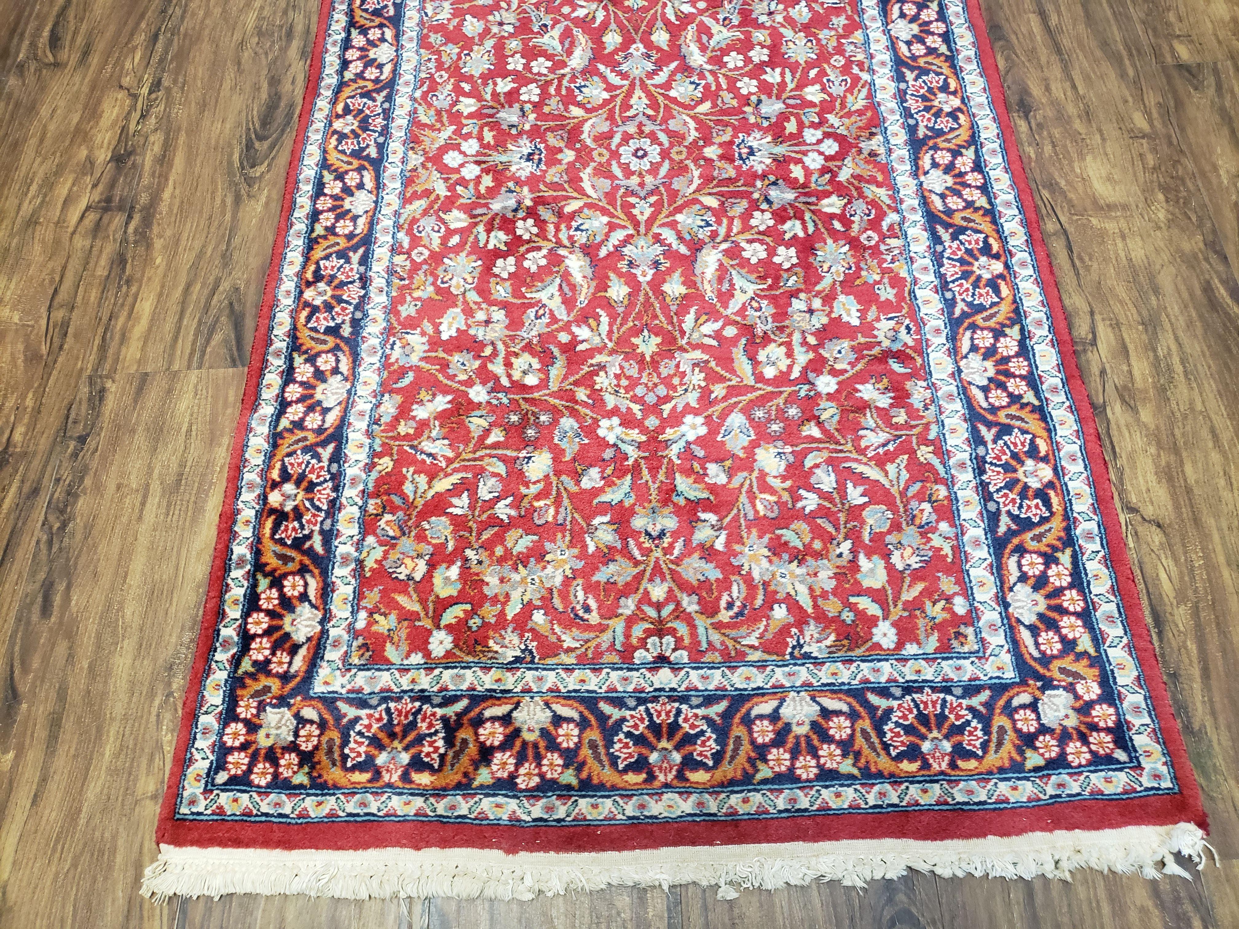 Antique Persian Sarouk Vintage Runner Rug, 2' 7" x 10' 3", Red with Dark Blue Floral Design - Jewel Rugs