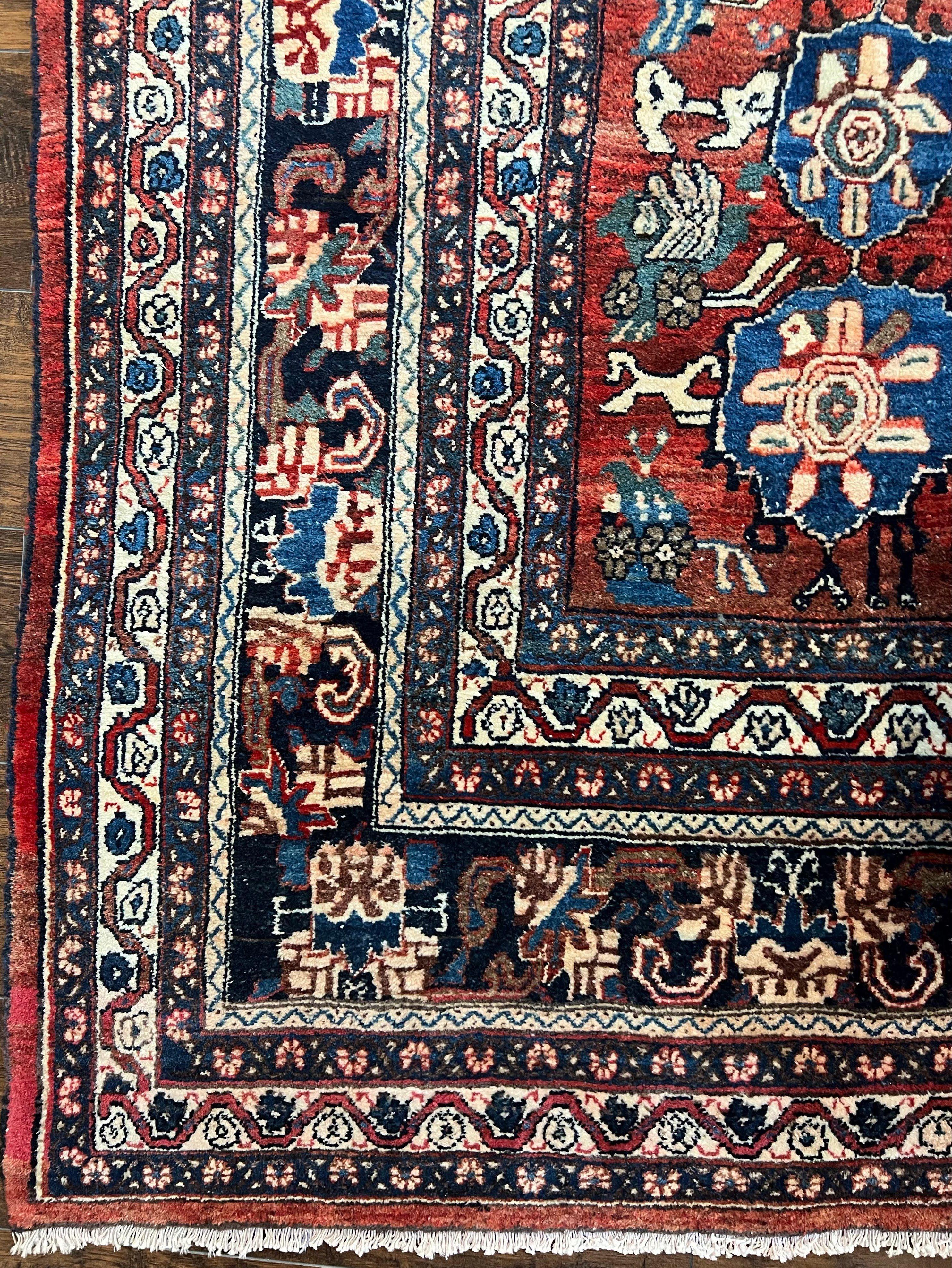 Beautiful Persian Bidjar Rug 9x12, Allover Repeated Motif 9 x 12 ft, Red Blue Cream, Hand Knotted Wool Bijar Oriental Carpet, 1950s Semi Antique Vintage - Jewel Rugs