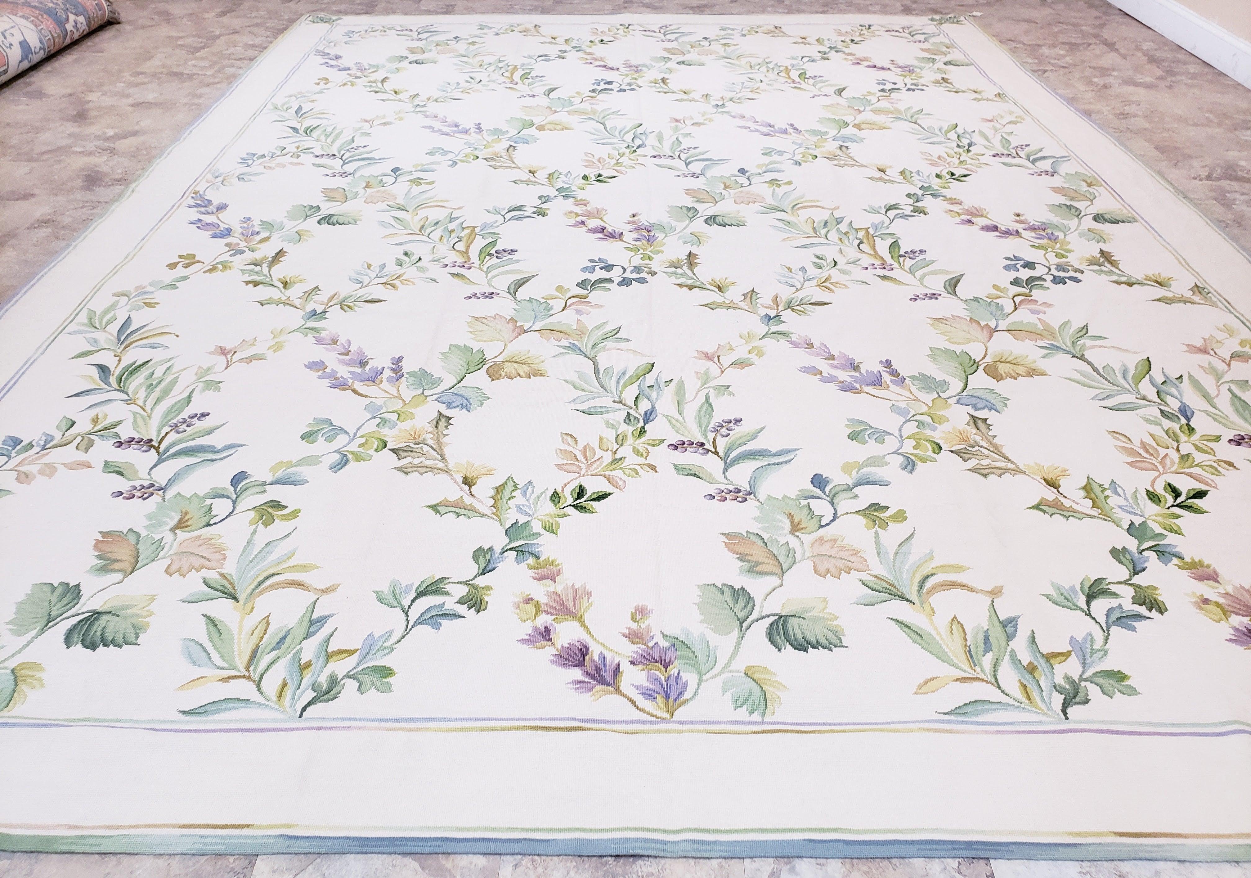 New Needlepoint Rug, 10x14 Needlepoint Carpet, 10 x 14 Flatweave Rug, Floral, Leaves and Grape Vines, Large Rug, Ivory, Room Sized, No Pile - Jewel Rugs