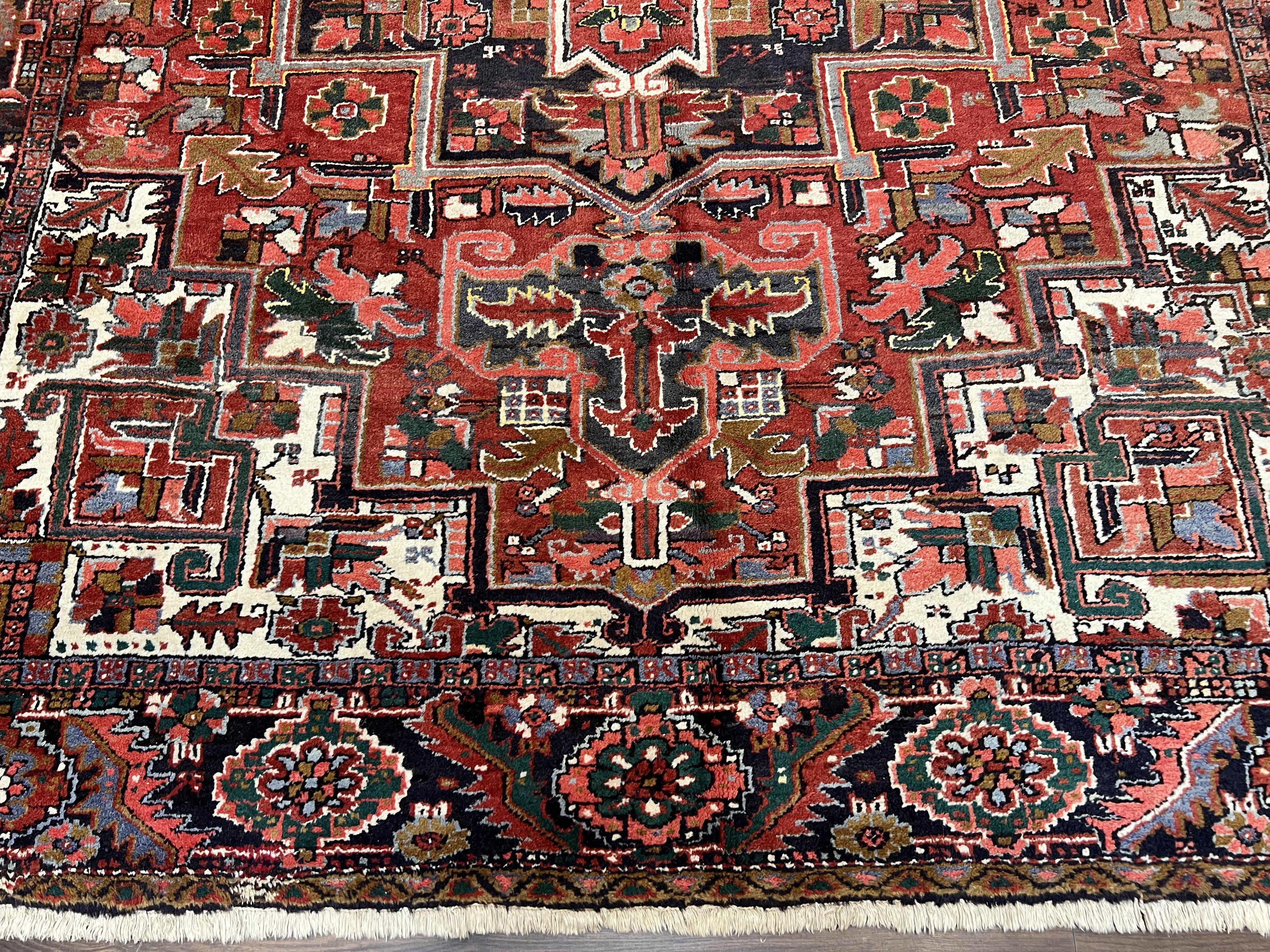 Persian Heriz Rug 8x12, Vintage Geometric Medallion Carpet, Semi Antique Wool Handmade Room Sized Oriental Rug 8 x 12, Red Dark Blue Ivory - Jewel Rugs