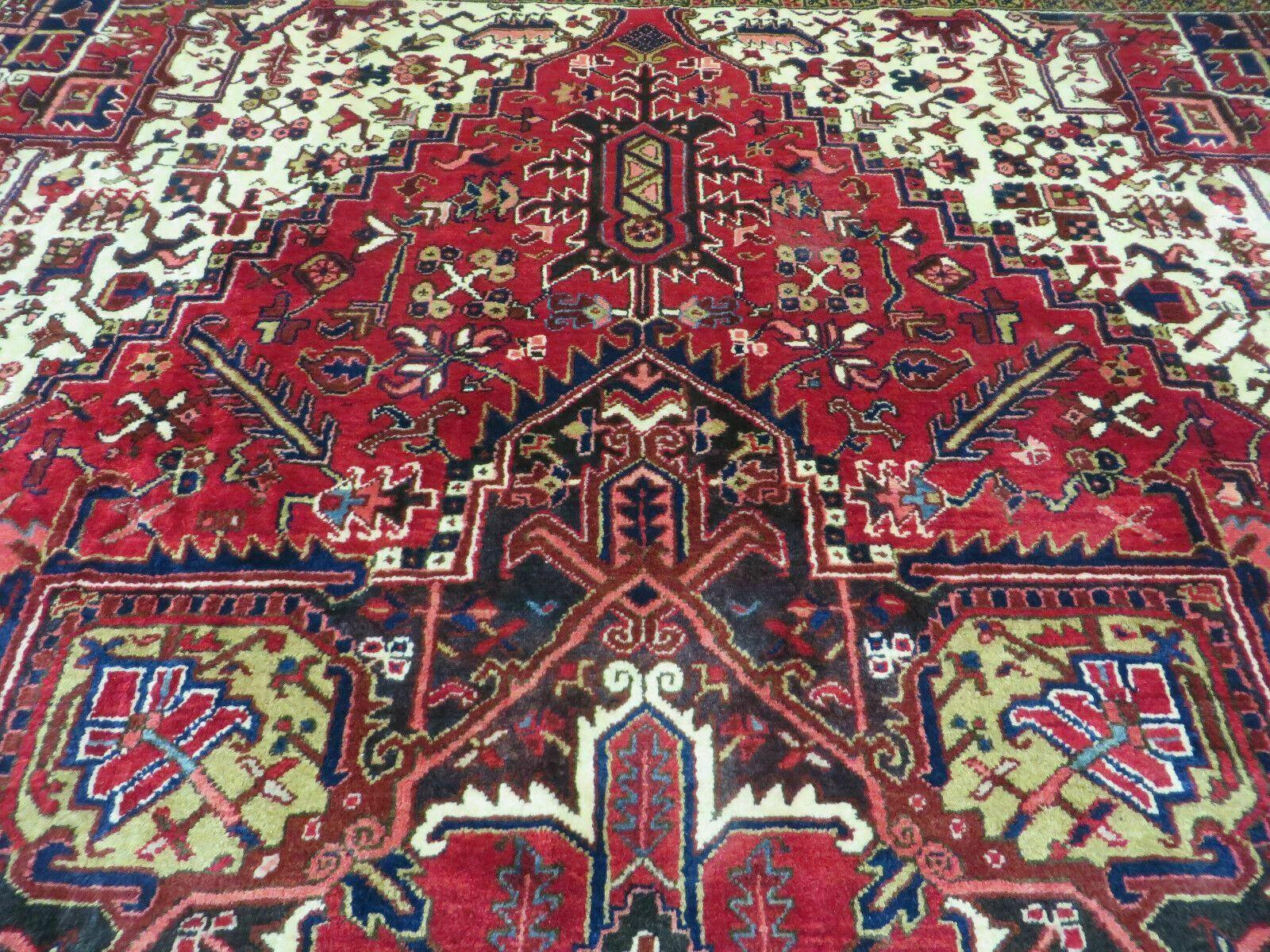 Wonderful Persian Heriz Rug 8.6 x 11, Geometric Heriz Carpet, Semi Antique Decorative Area Rug, Red Ivory Dark Blue Handmade Wool Room Sized - Jewel Rugs