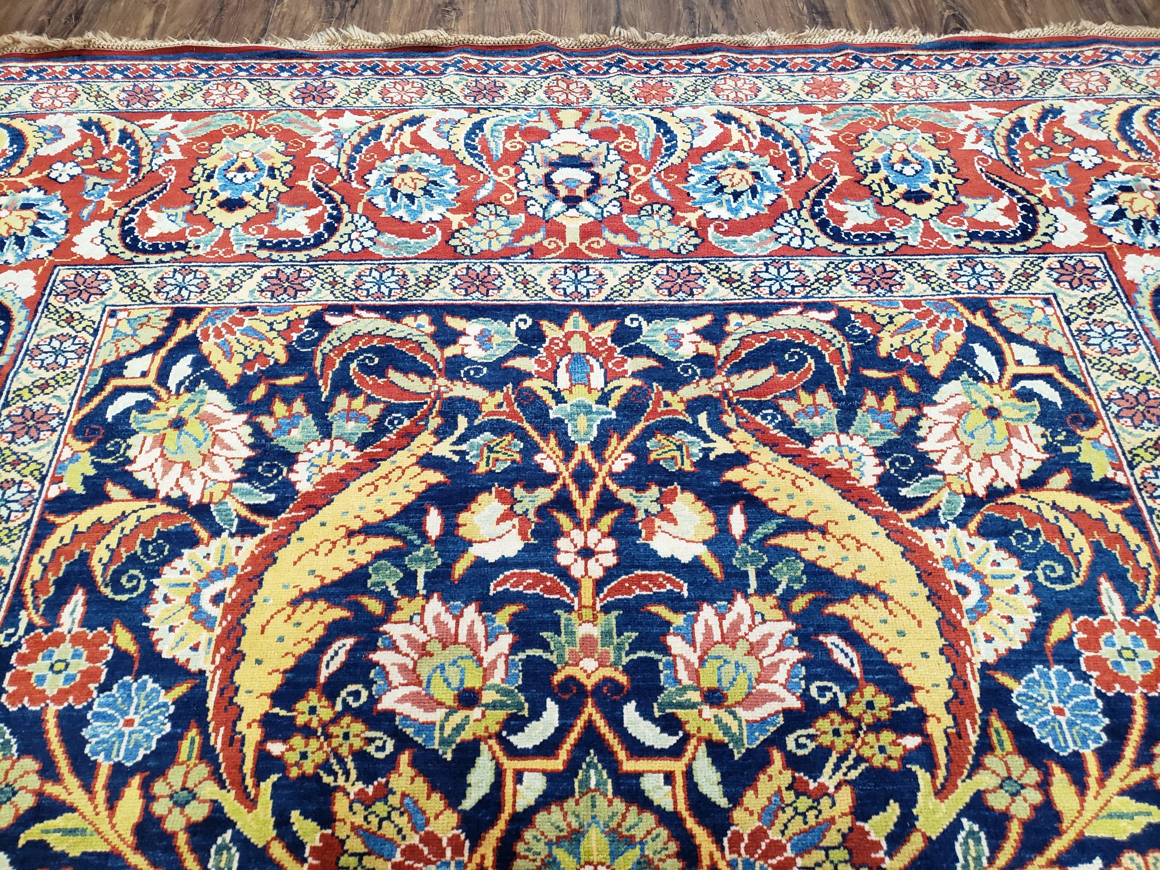 Square Turkish Mahal Rug 8 x 8.5, Colorful Square Carpet, Large 8ft Square Rug, Blue Red Yellow, Handmade Wool, Vintage, Large Flowers, Nice - Jewel Rugs