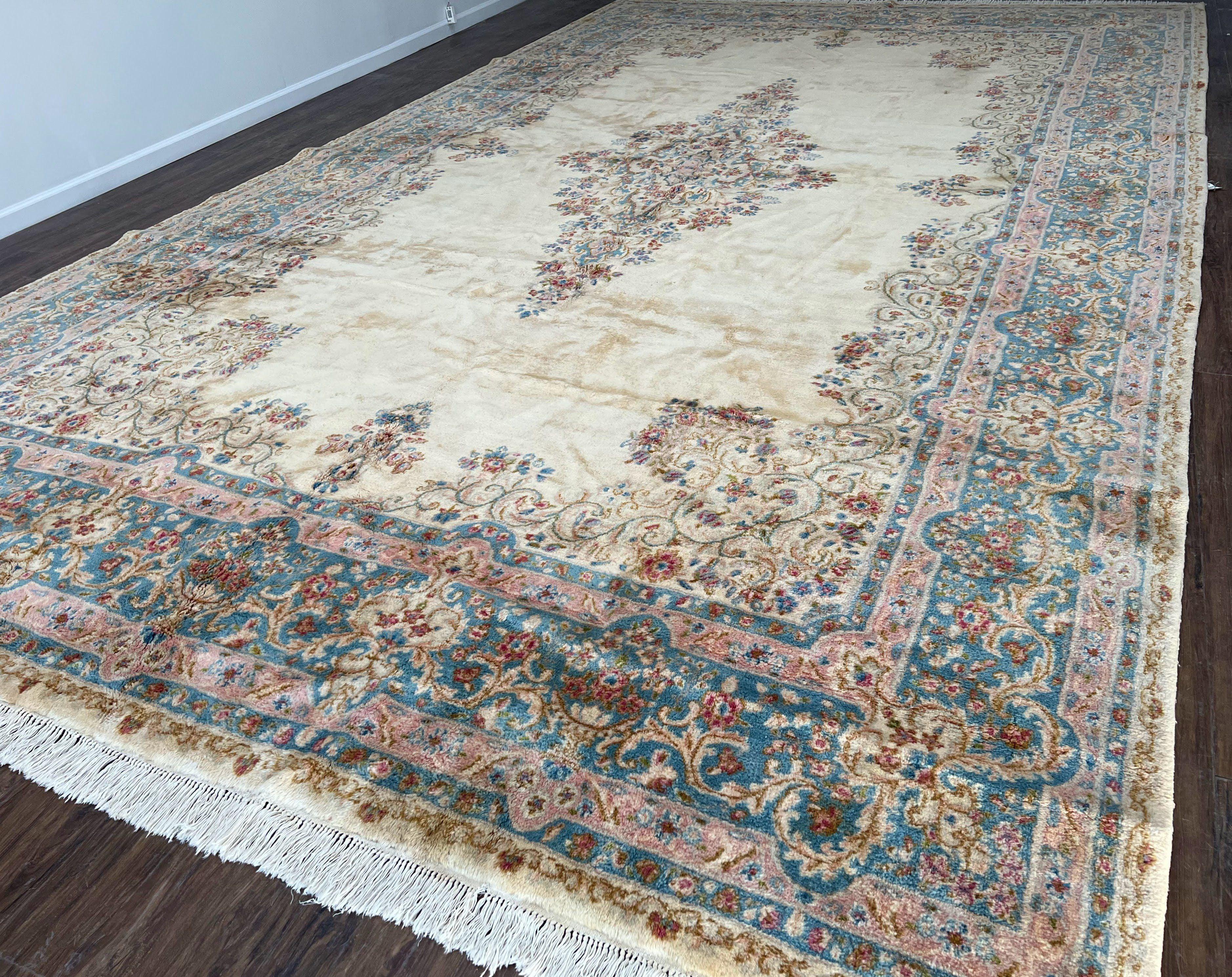 Oversized Persian Rug 11x18, Kirman Open Field Medallion 11 x 18, Palace Sized Hand Knotted Handmade Wool Oriental Carpet, Cream Light Blue - Jewel Rugs