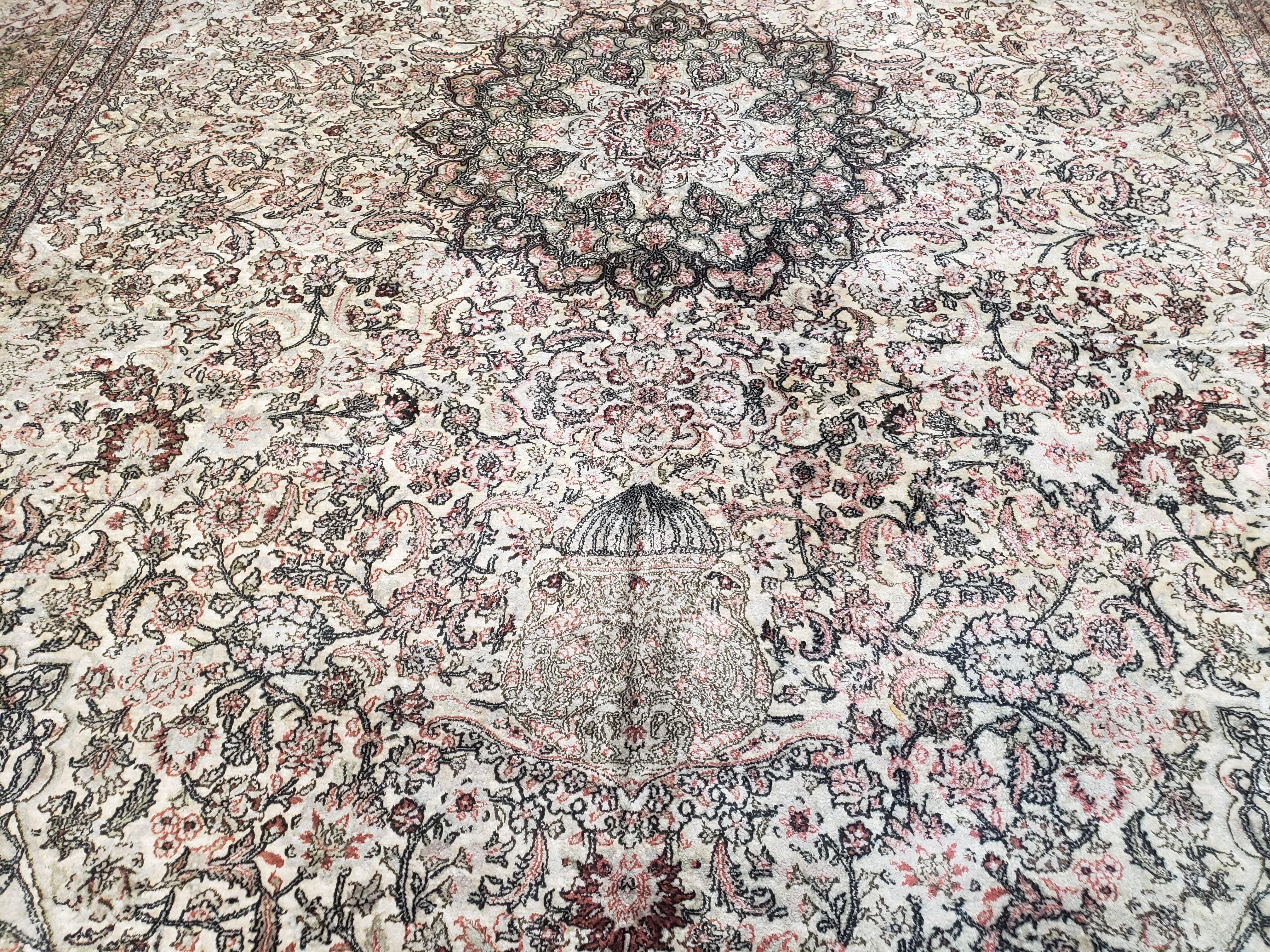 Vintage Indian Room Sized Silk Rug 8x10, Indo Kashmiri Carpet, Hand-Knotted Persian Oriental Carpet, Floral Medallion Allover Pattern, Ivory - Jewel Rugs