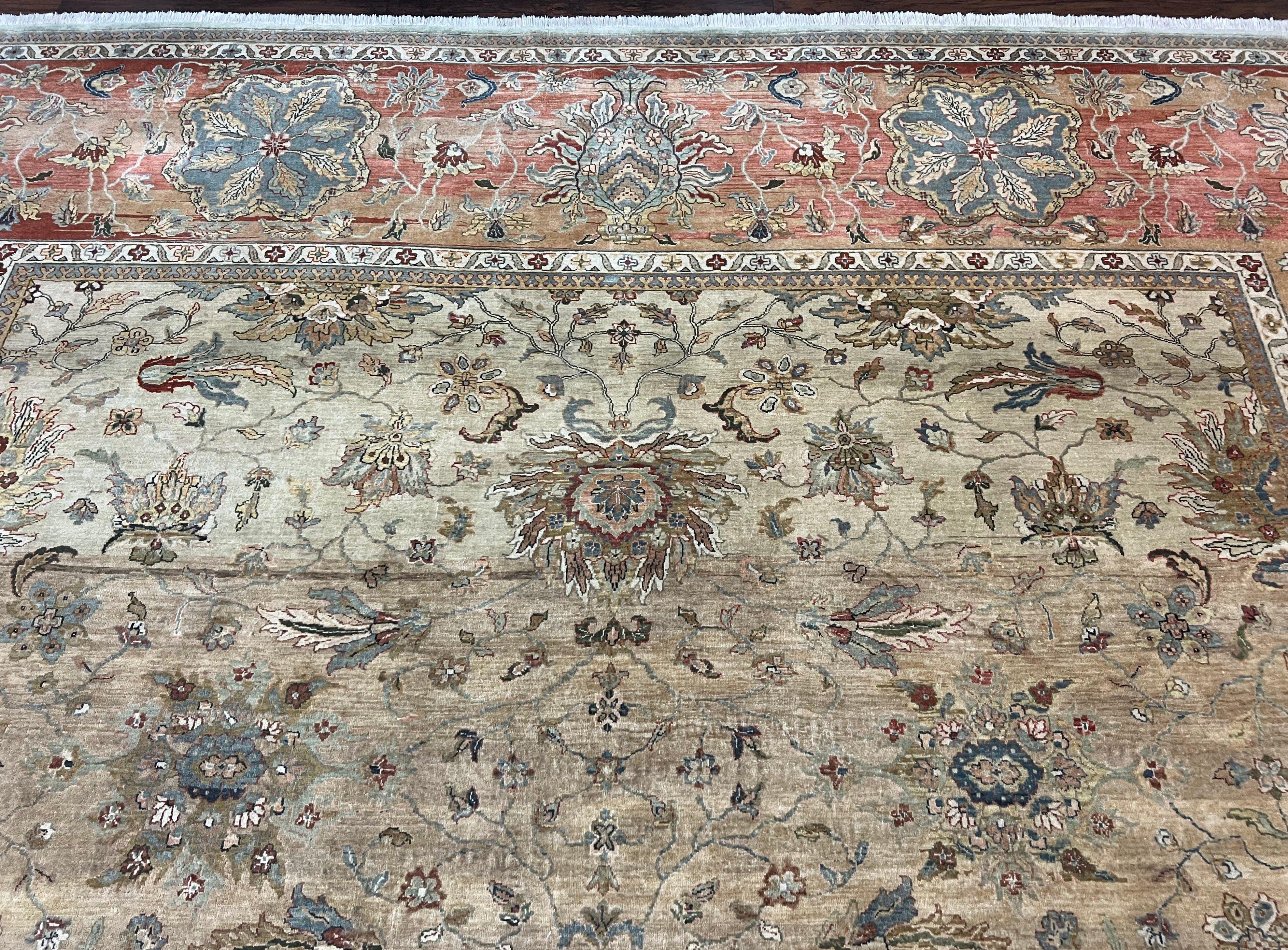 Large Indian Rug 10x14, Hand Knotted Wool Sultanabad Carpet 10 x 14 ft, Laurel Green and Salmon, Floral Allover Room Sized Handmade Rug - Jewel Rugs