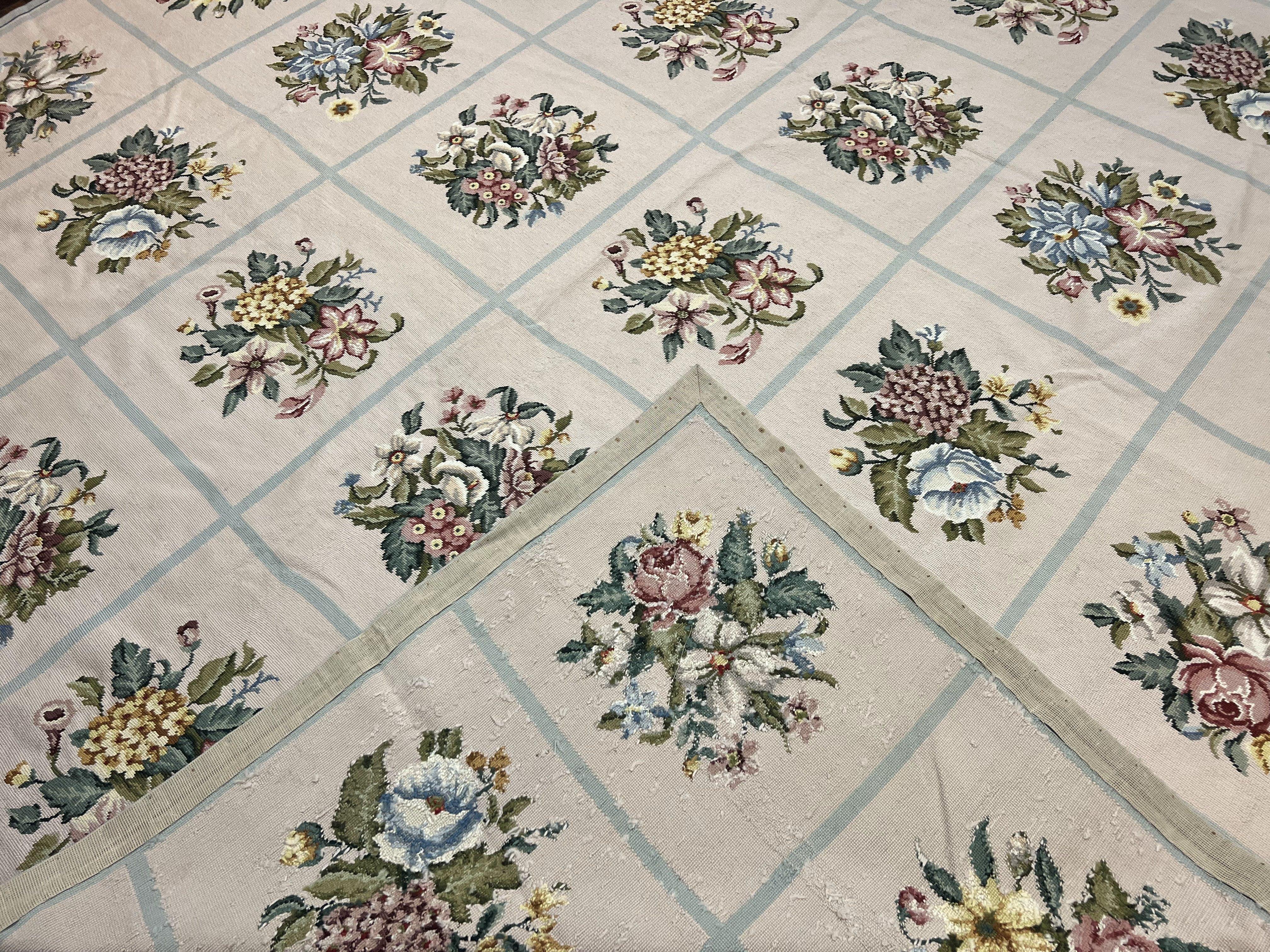 Needlepoint Rug 9x12, Panel Design, Cream and Light Blue, Floral Bouquets, Wool Flatweave Vintage Needlepoint Carpet 9 x 12 ft, Elegant Rug - Jewel Rugs