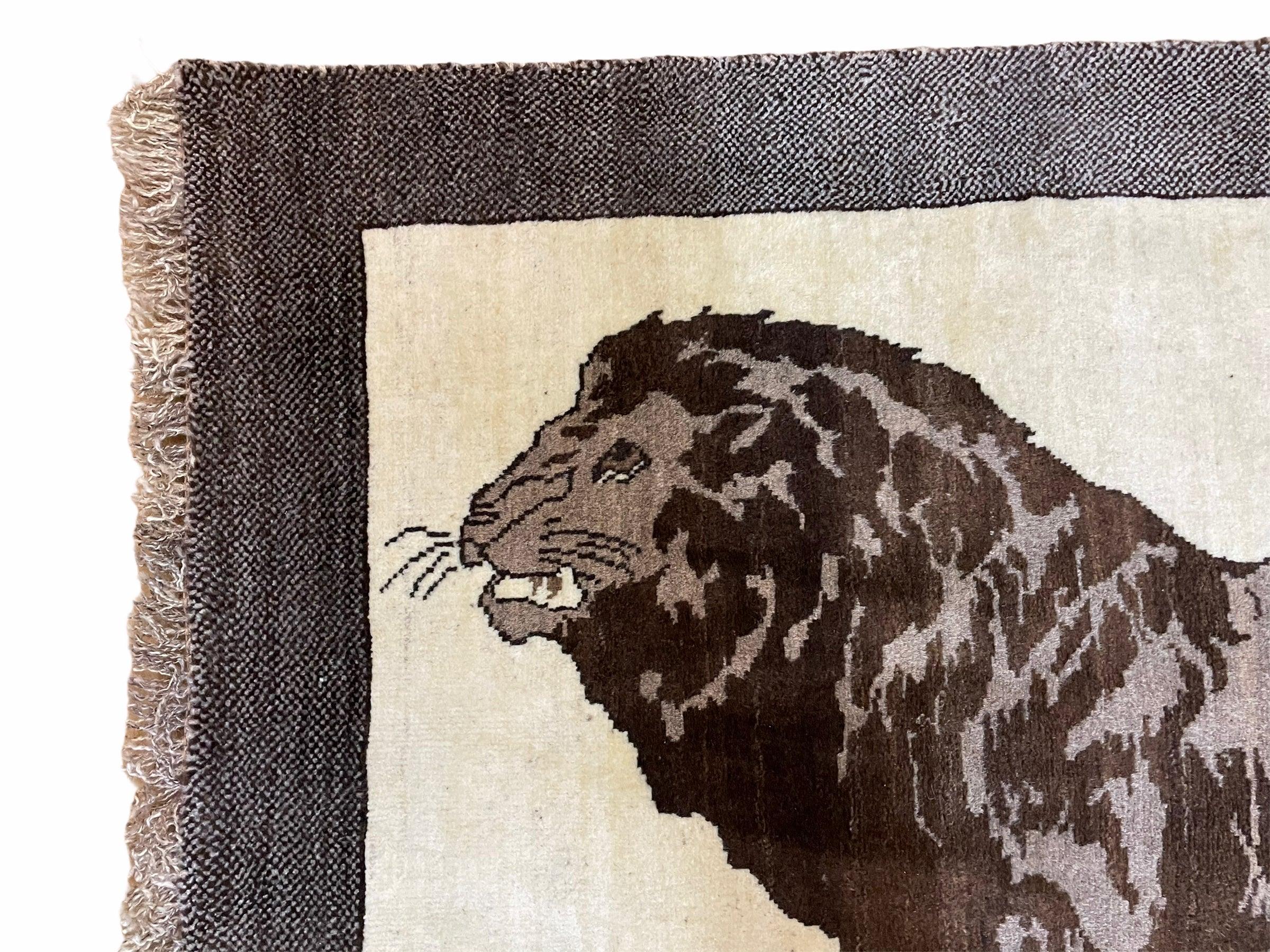 3 x 5 Handmade Rug Brown Beige Hand-Knotted Lion Rug New Vintage Quality Animal - Jewel Rugs