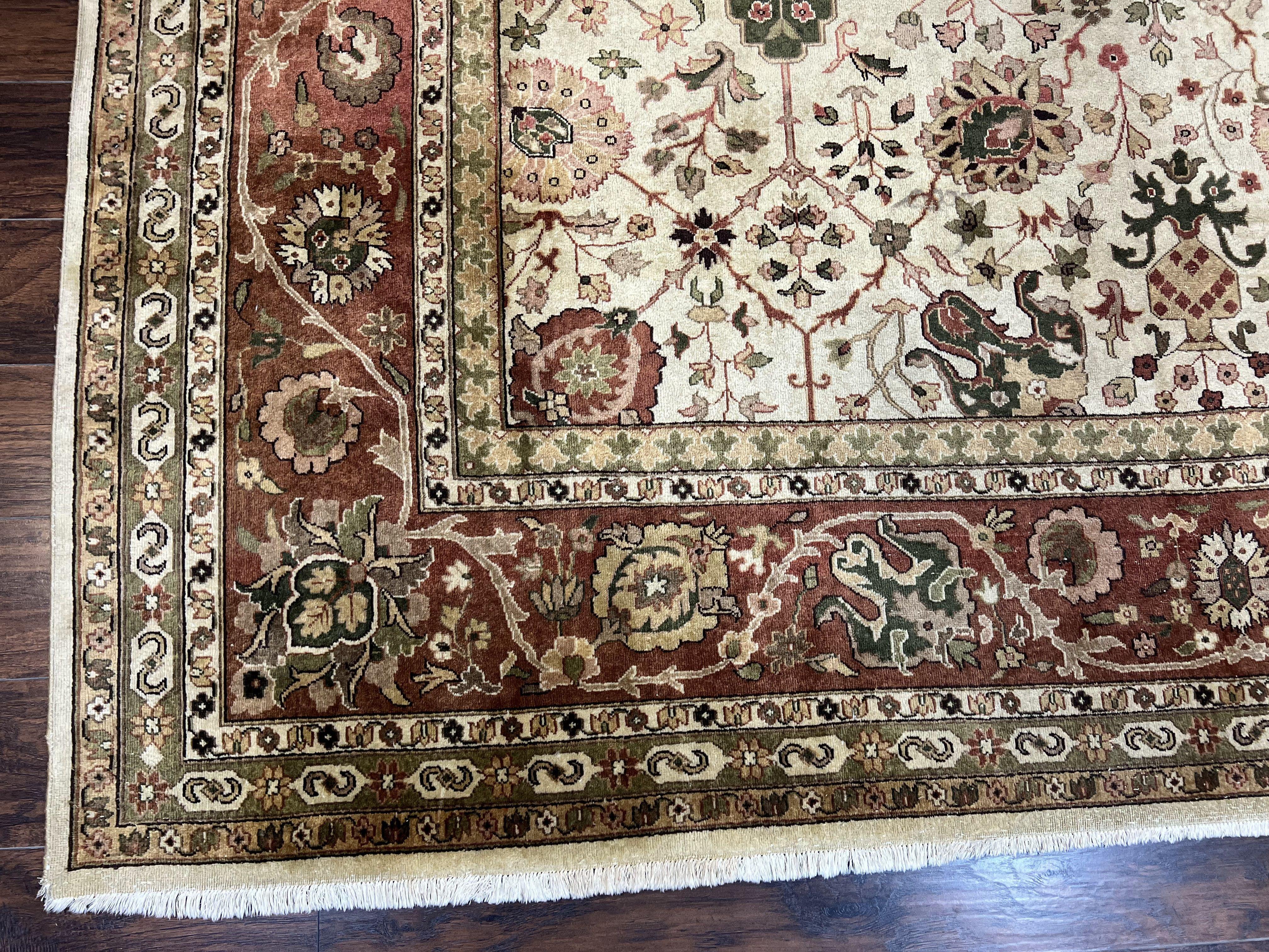 Large Indian Rug 10x14, Hand Knotted Indo Persian Gandehar Oriental Carpet, Vintage Wool Rug 10 x 14 ft Cream Red Floral Allover Traditional - Jewel Rugs