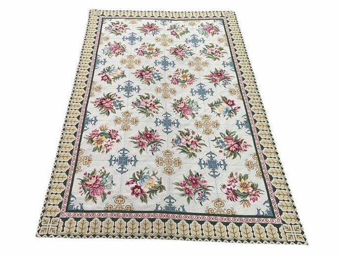 Hand-Knotted Needlepoint Carpet 6x9, Ivory/Cream Background, Colorful Flowers, Yellow Border, Aubusson Rug 6 x 9, New, Handmade - Jewel Rugs