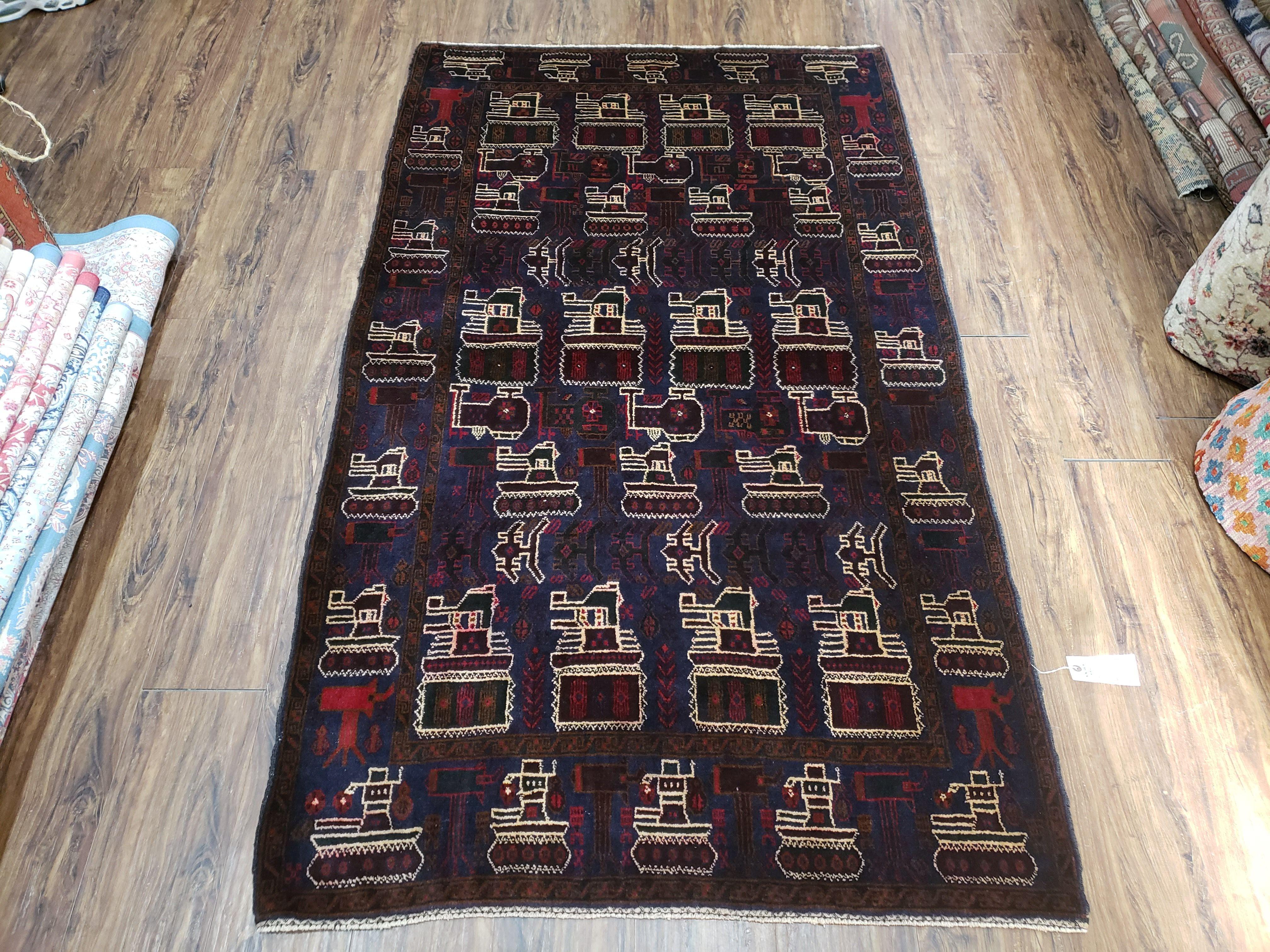 4x6 Handmade Balouch War Afghan Tribal Rug Organic Dyes Helicopter Tank Airplane - Jewel Rugs