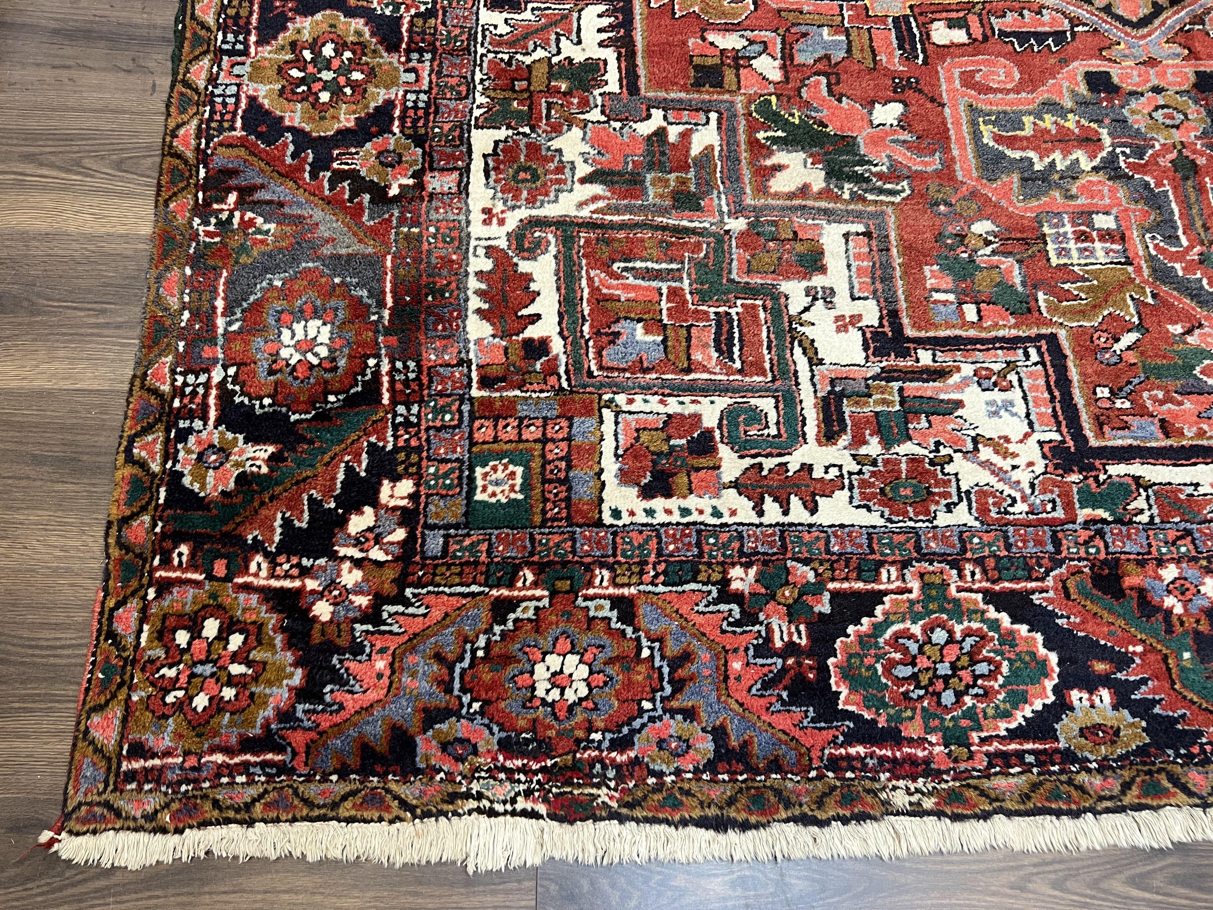 Persian Heriz Rug 8x12, Vintage Geometric Medallion Carpet, Semi Antique Wool Handmade Room Sized Oriental Rug 8 x 12, Red Dark Blue Ivory - Jewel Rugs