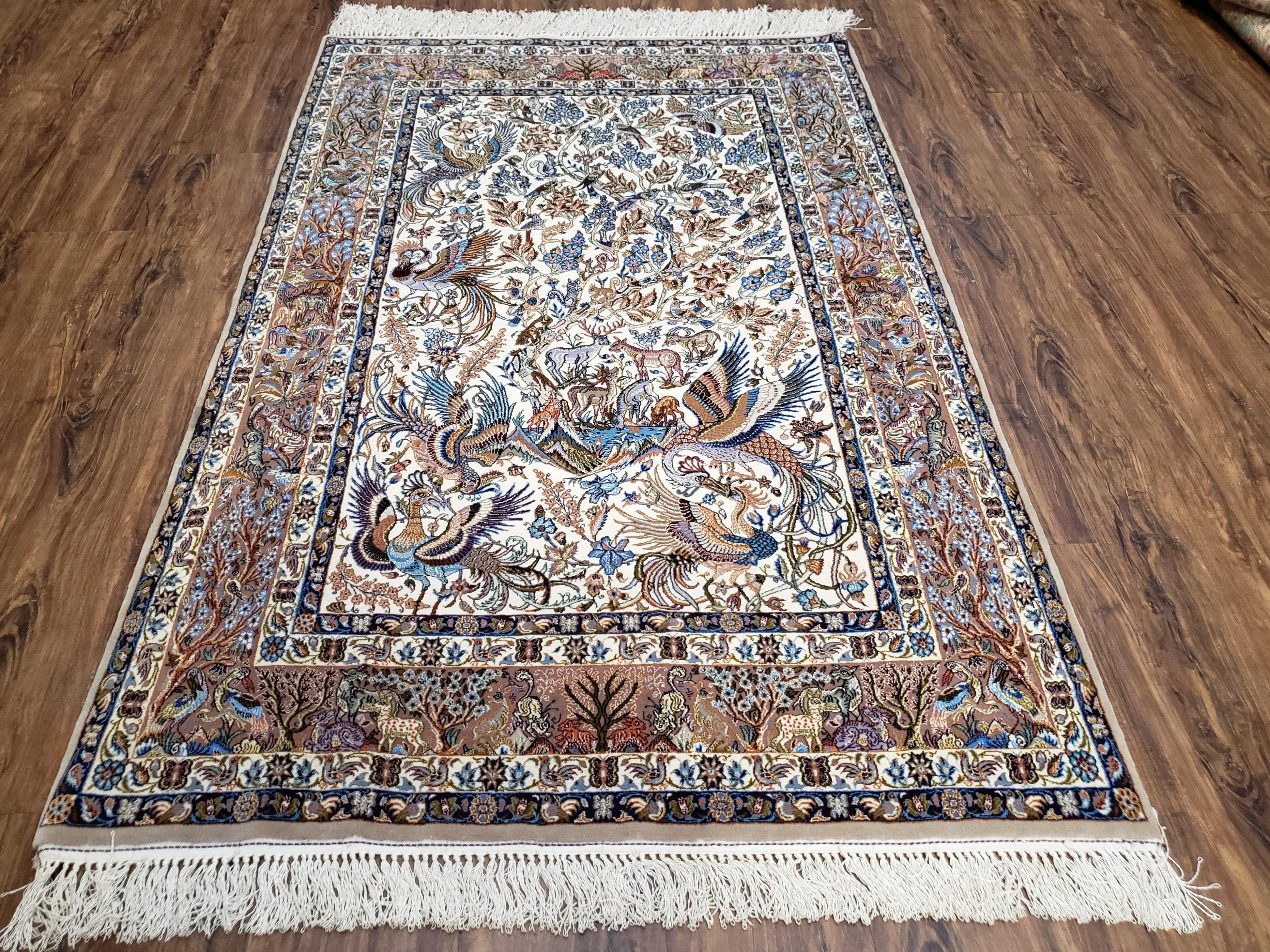 Persian Isfahan Rug, Animal Pictorials, Fine & Highly Detailed, Kork Wool on Silk Foundation, Hand-Knotted, Ivory, 3'7" x 5'6" - Jewel Rugs