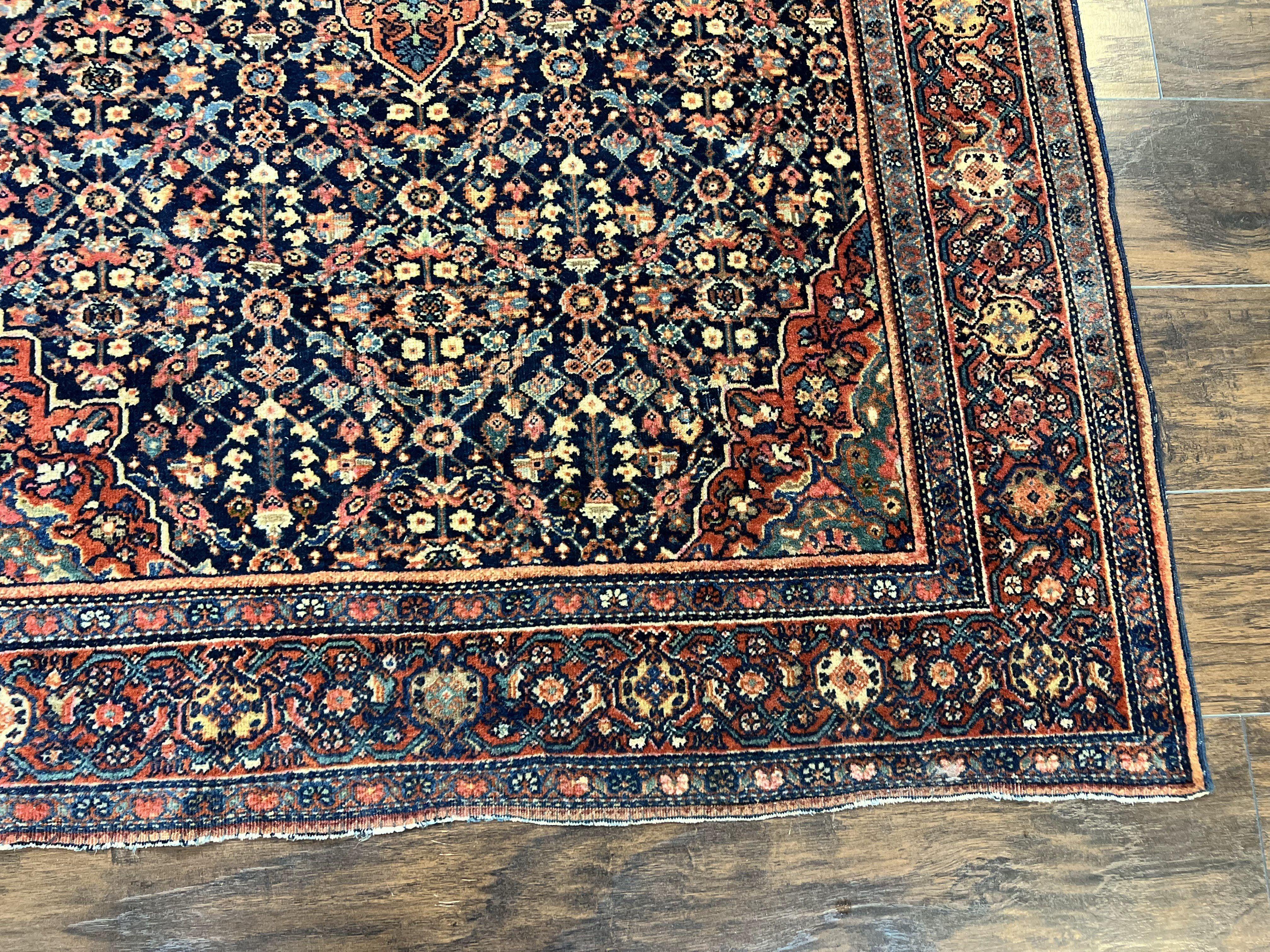 Antique Persian Sarouk Farahan Rug 4x7 Carpet, Herati Medallion, Midnight Blue and Red Wool Collectible Oriental Rug, Hand Knotted, Ferahan Feraghan - Jewel Rugs