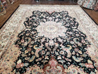 Stunning Sino Persian Rug 8x10, Elegant High Quality Handmade Carpet, Wool and Silk, Medallion with Corner Design, Floral, Black Ivory, Fine - Jewel Rugs