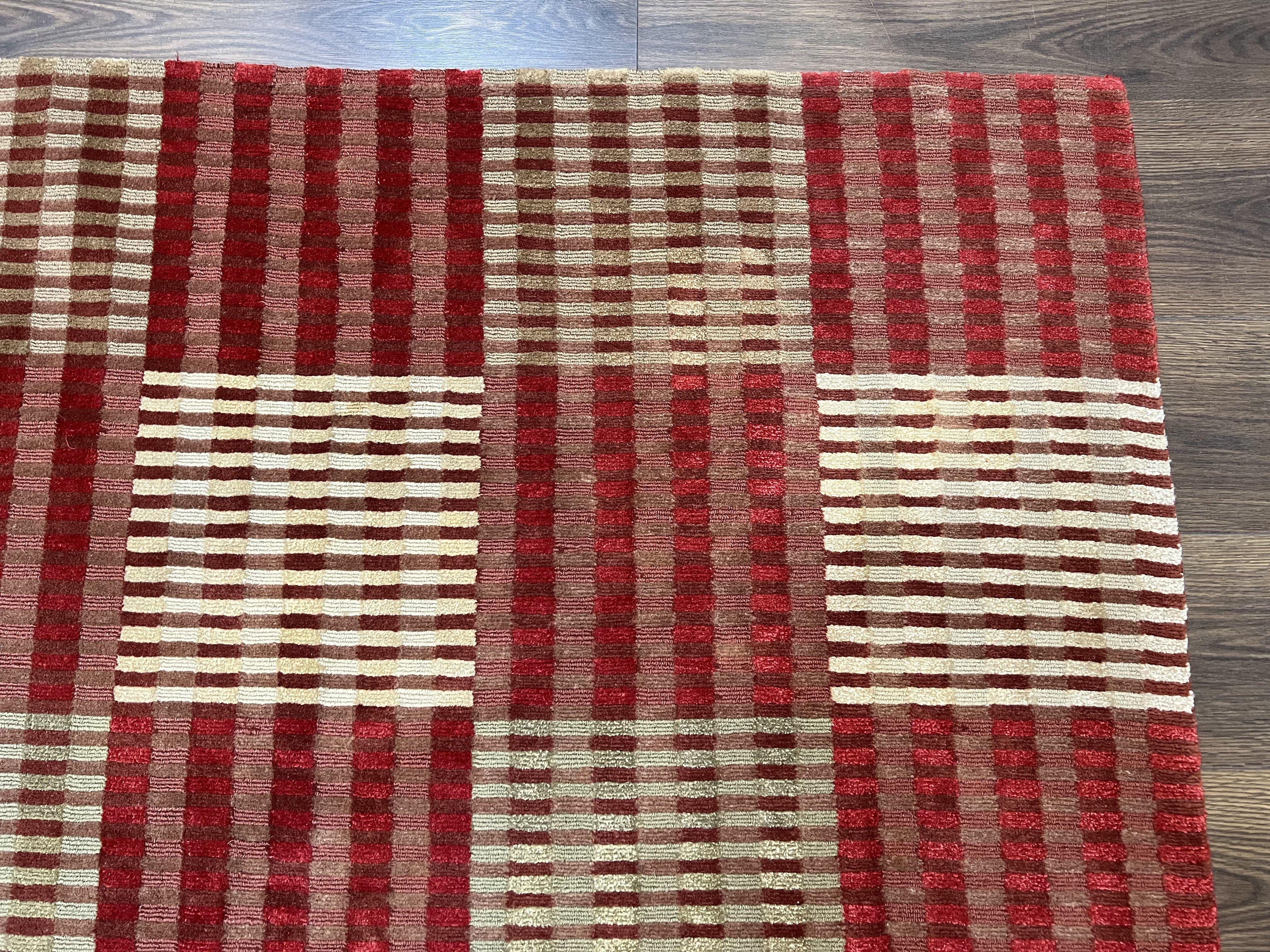 Modern Tibetan Rug 8x10, Hand Knotted Contemporary Nepali Carpet 8 x 10, Checkerboard Design, Red Cream Light Brown, Very Fine Wool & Silk - Jewel Rugs