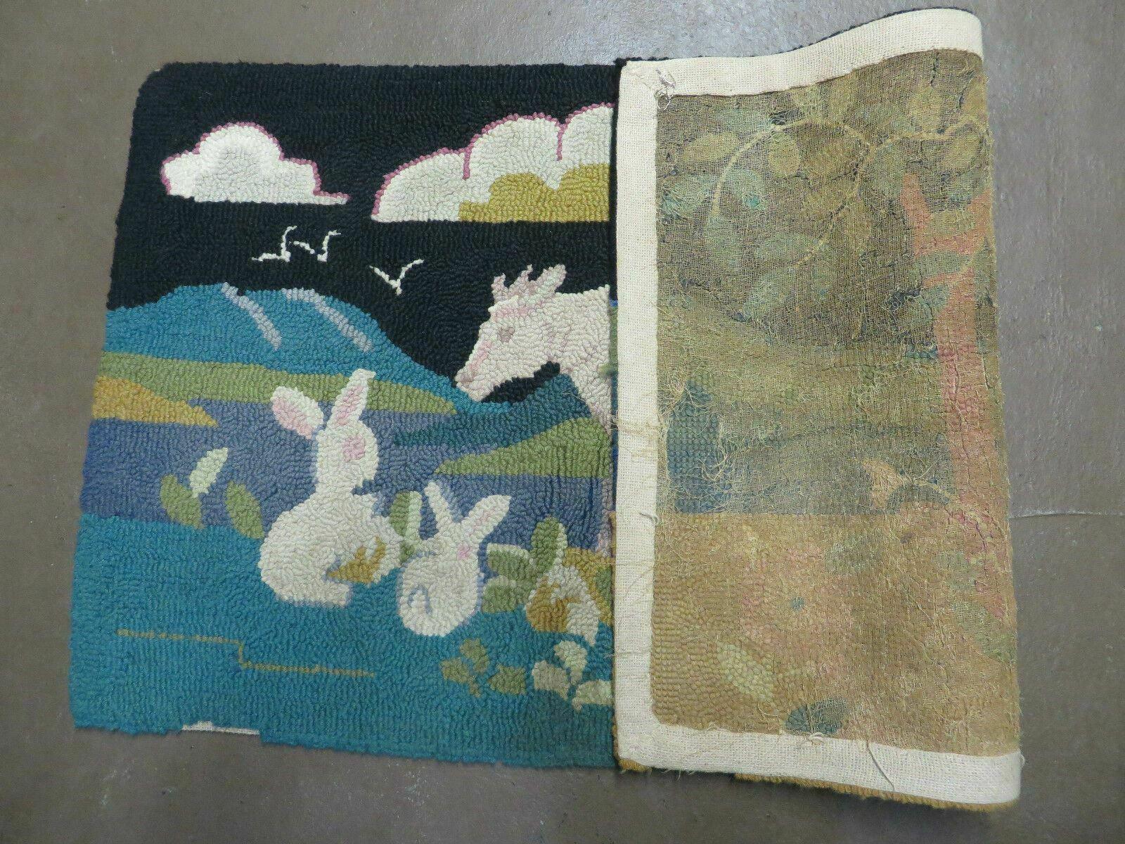 2' X 3' 7" Vintage American Handmade Hooked Rug COW RABBIT Farm Nice - Jewel Rugs