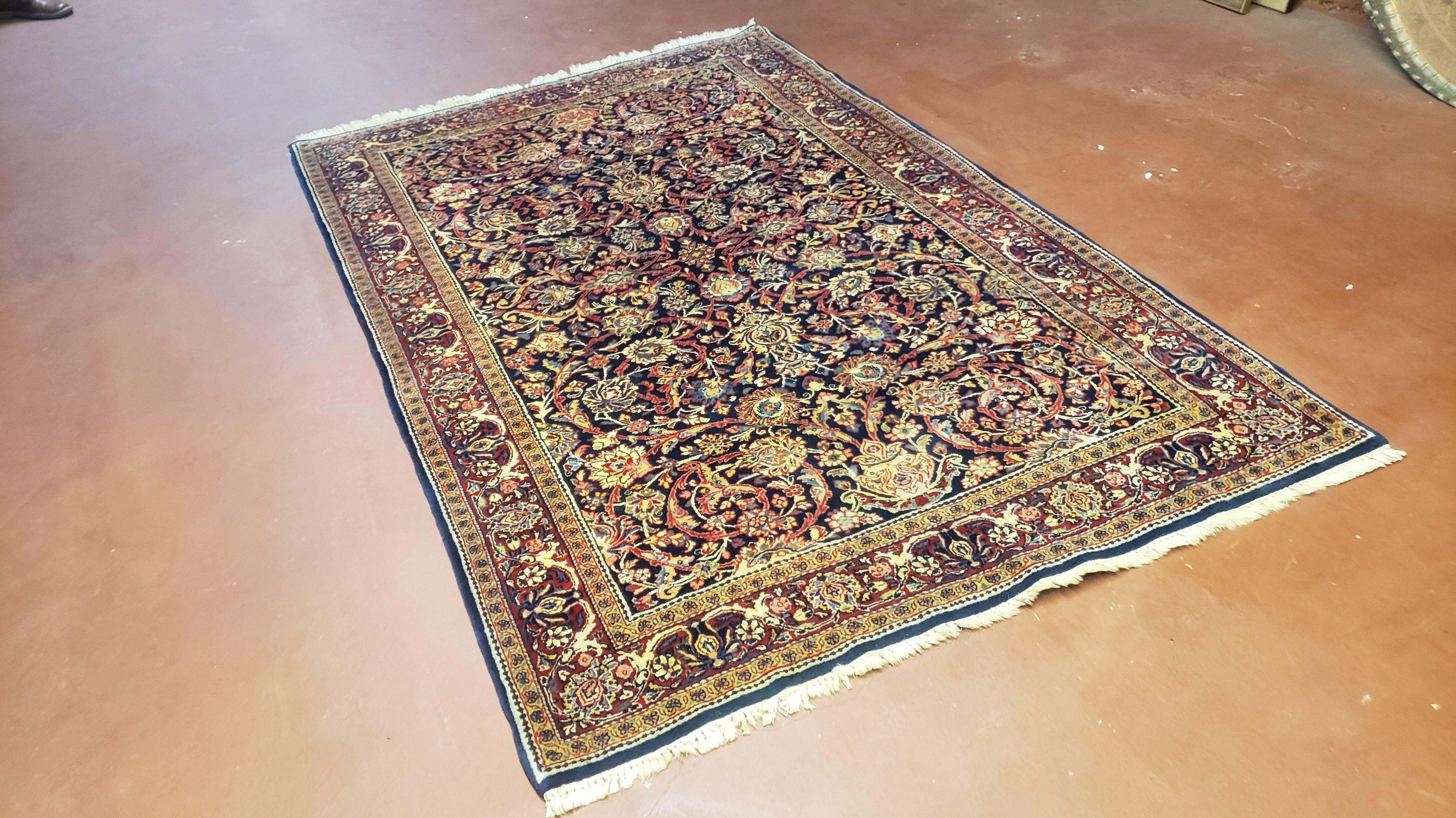 Vintage Persian Kashan Rug, Hand-Knotted, Wool, Dark Blue and Dark Red, 4' 4" x 6' 9" - Jewel Rugs