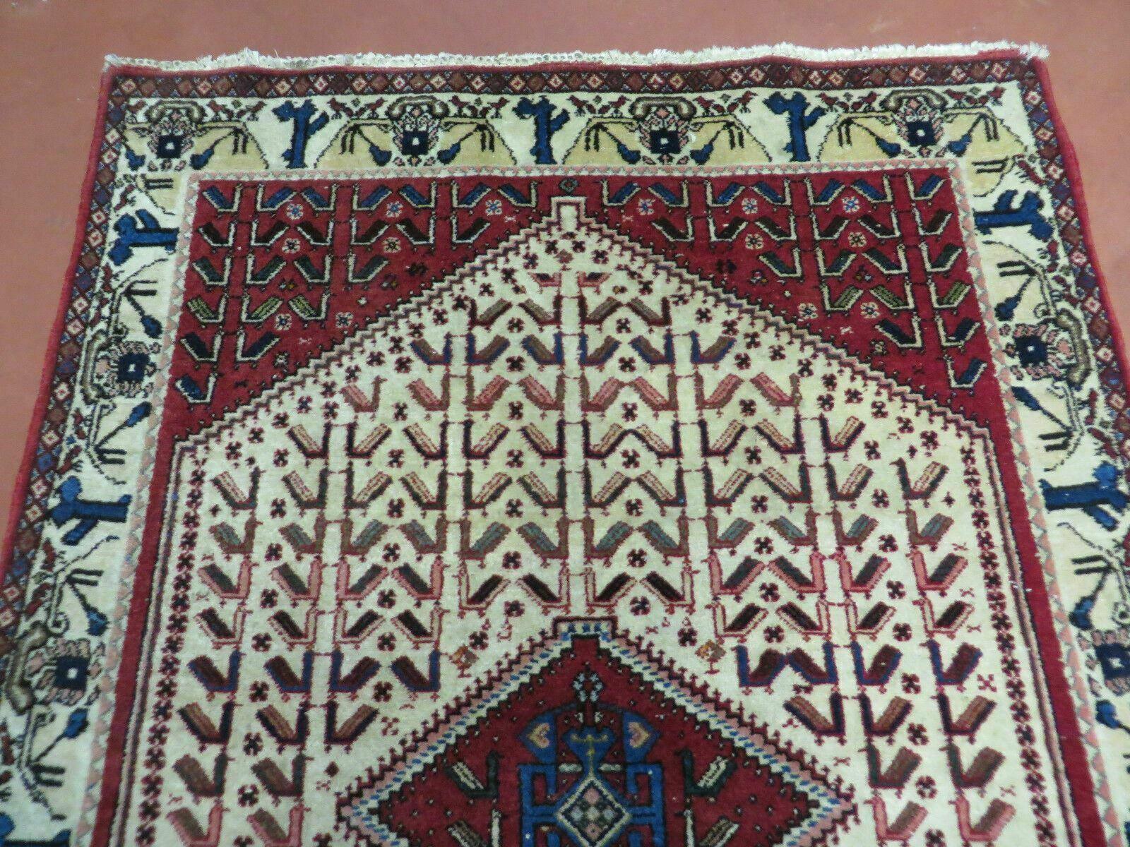 3' X 5' Vintage Handmade India Geometric Oriental Wool Rug Nice Birds Ivory Red - Jewel Rugs