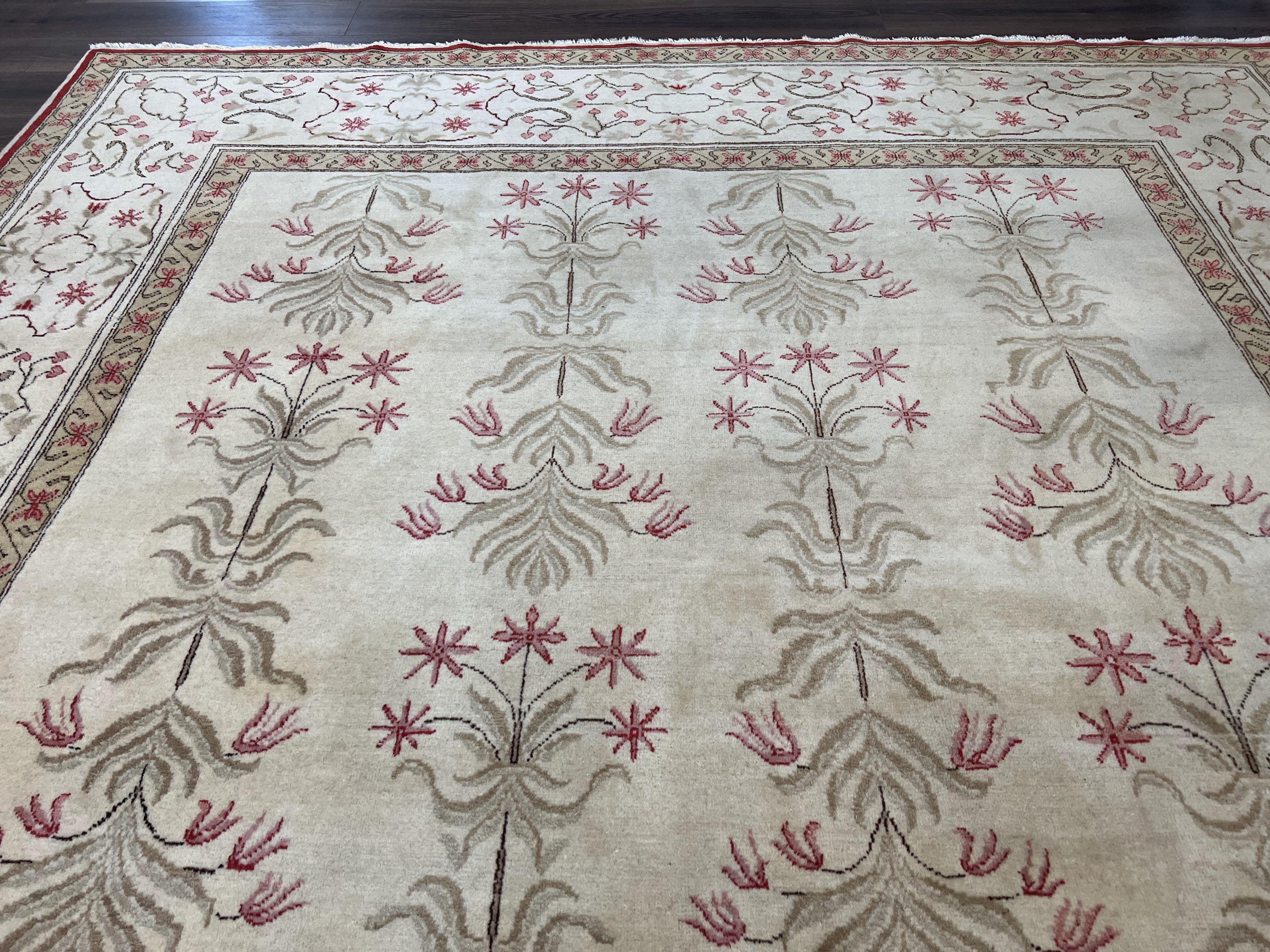 Vintage Turkish Rug 9x12, Indian Agra Design, 9 x 12 Wool Area Rug, Beige Tan, Hand-Knotted, Living Room Rug, Floral Oriental Carpet, Nice - Jewel Rugs