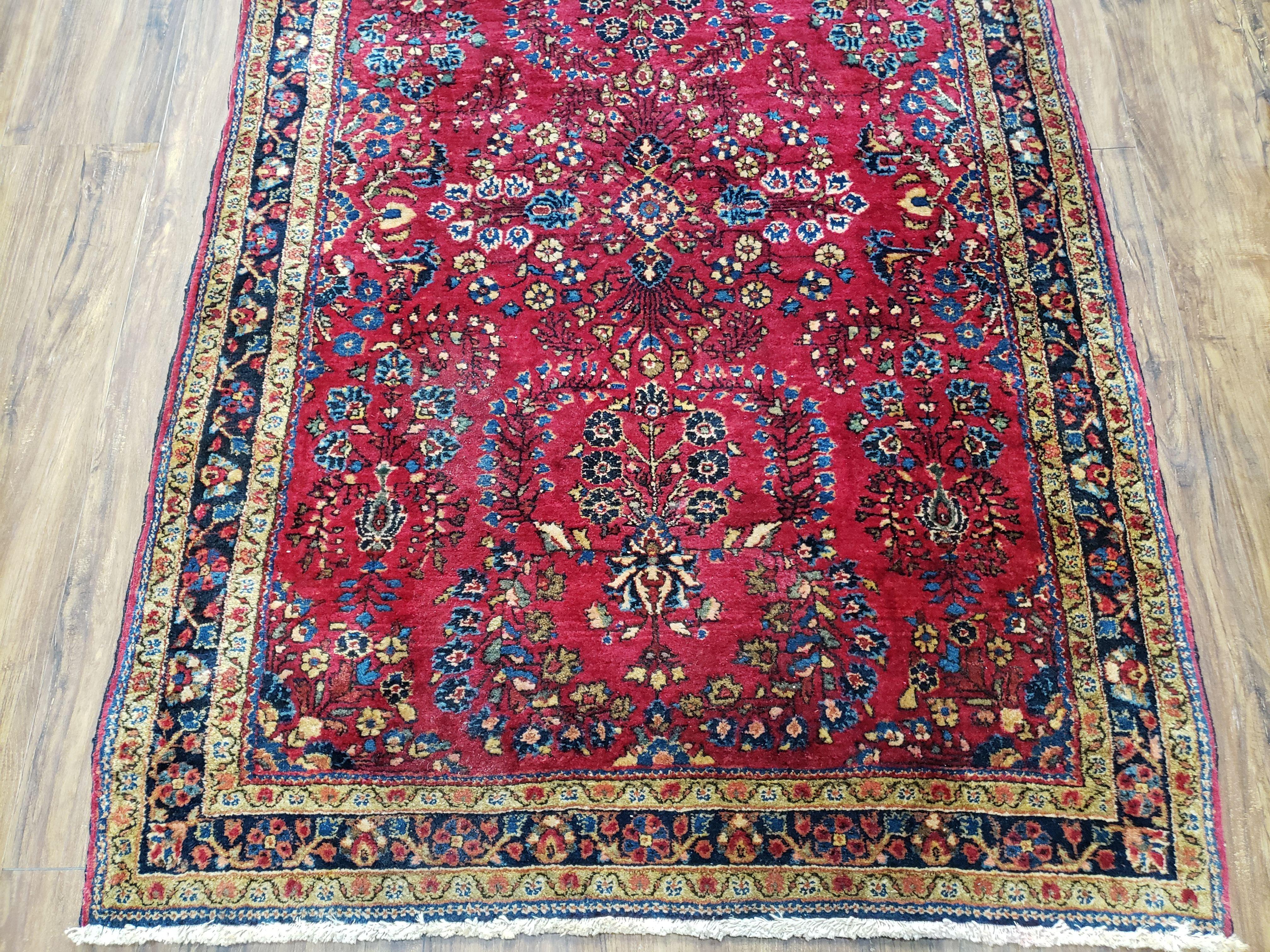 Antique Persian Sarouk Rug, Red, Allover Floral Pattern, Hand-Knotted, Wool, 3'4" x 4'11" - Jewel Rugs