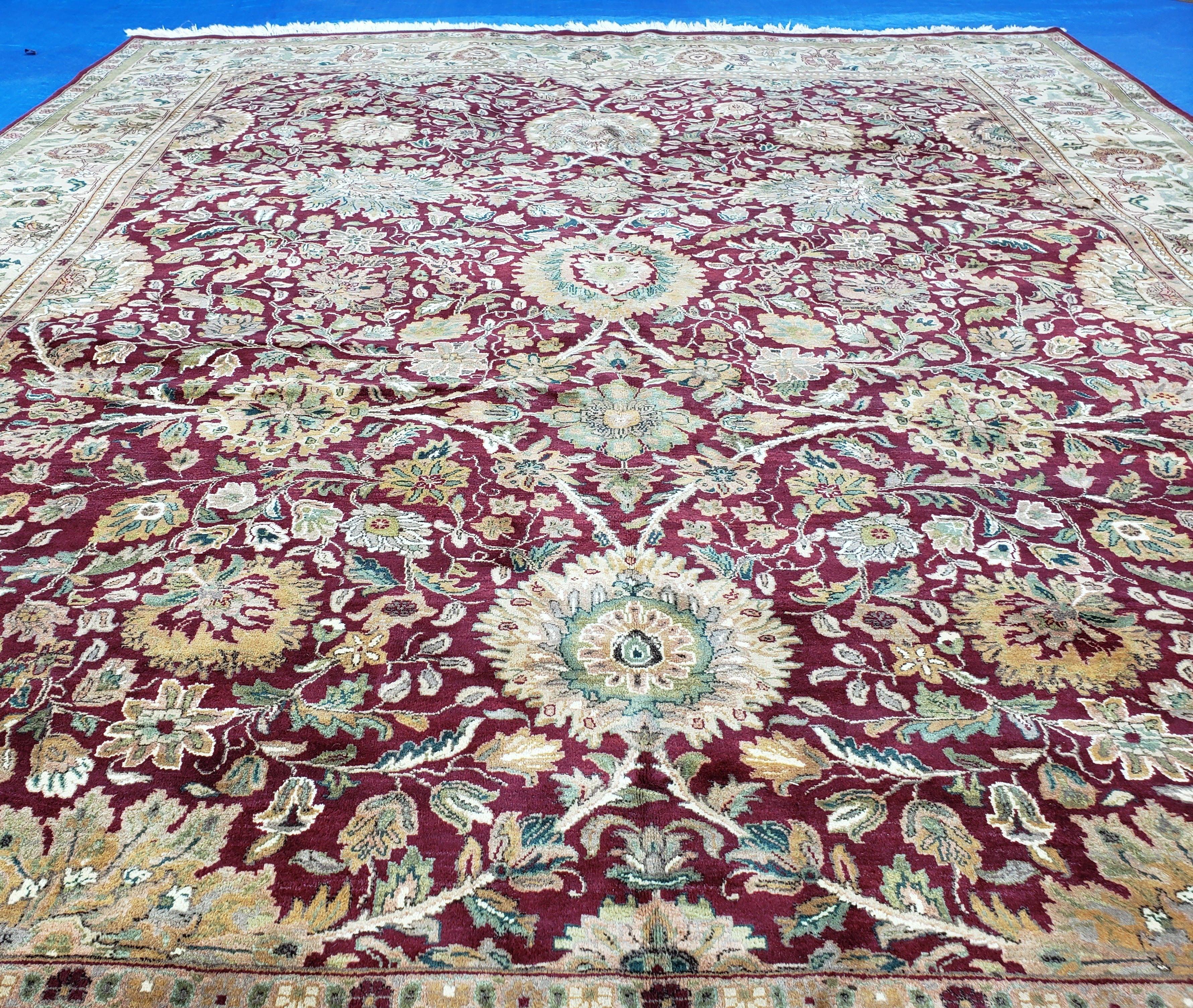 12x15 Indian Agra Rug, Handmade Palace Sized Carpet, X Large Hand Knotted Rug, Allover Pattern Large Flowers, Maroon and Beige, Wool Vintage - Jewel Rugs