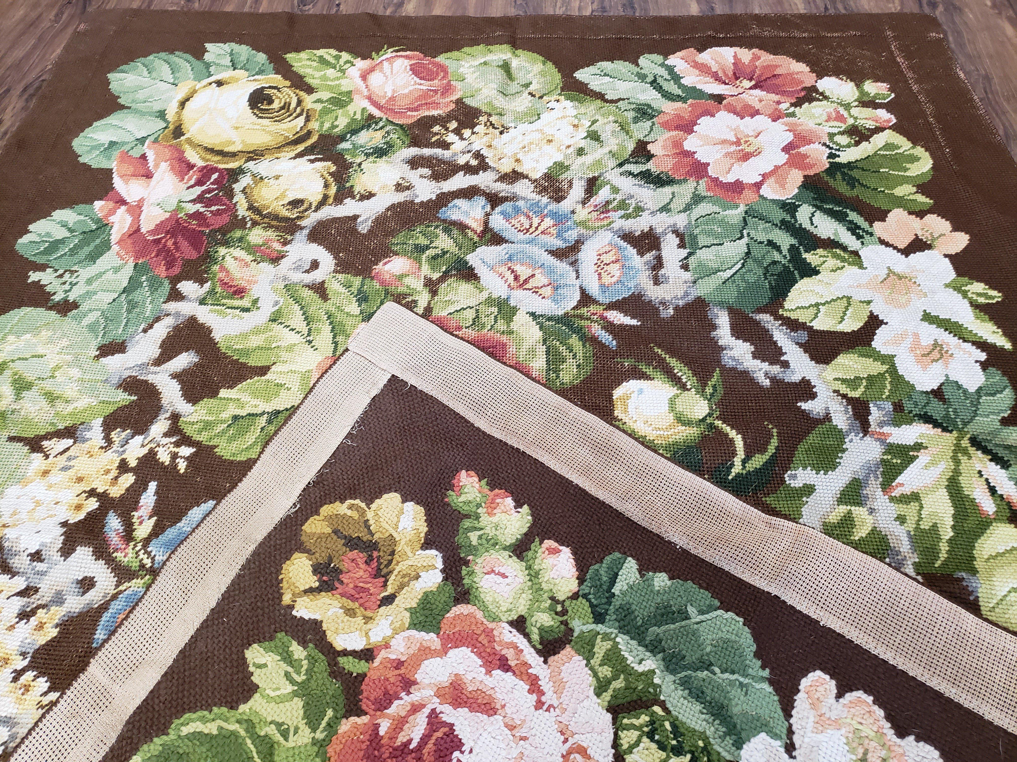 Floral Needlepoint Rug, Medium Rug, Vintage Area Rug, Handmade Flat Weave Rug, Dark Brown Rug, Multicolor Large Colorful Flowers, 5x8 - 6x8 - Jewel Rugs