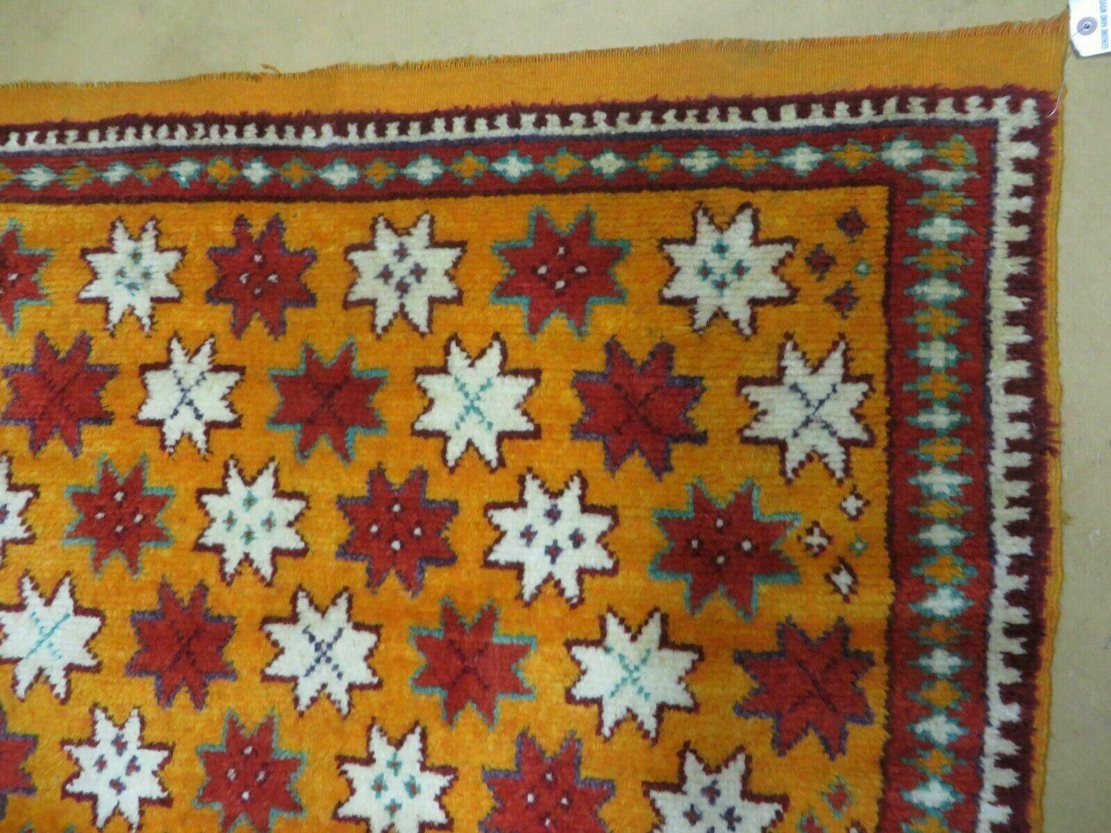 Vintage Moroccan Rug 4x5, Orange Ivory Red, Geometric Stars, Repeated Motif Allover, Hand Knotted Soft Wool Area Rug, Tribal Oriental Carpet - Jewel Rugs