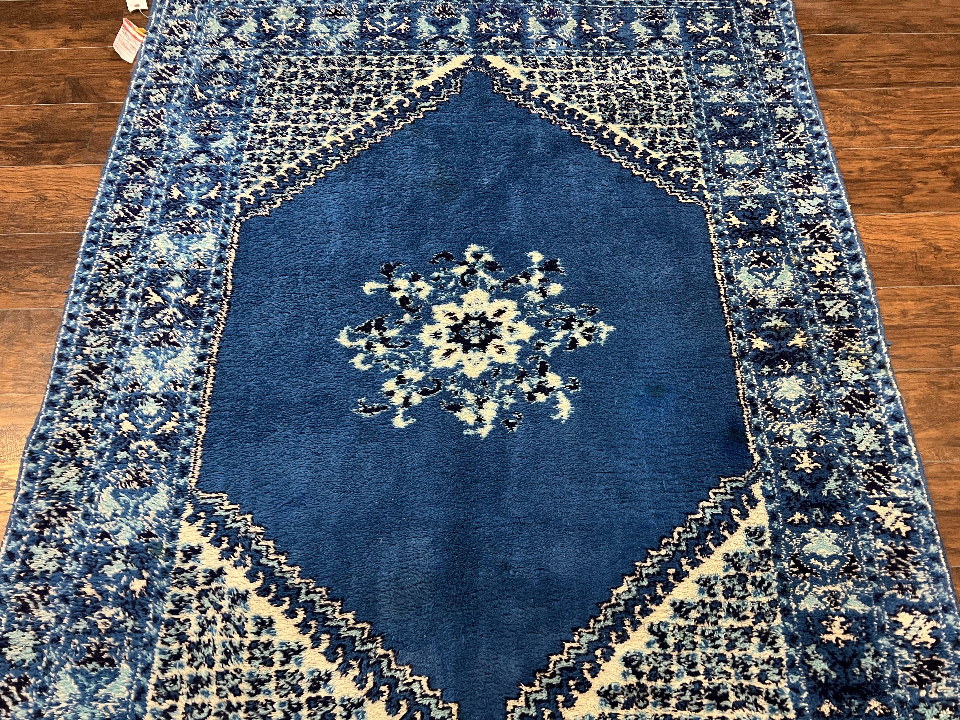 Vintage Moroccan Rug 5.6 x 7.6, Blue and Ivory Area Rug, Hand-Knotted Oriental Carpet, Geometric Medallion Open Field, Soft Wool Rug, Nice - Jewel Rugs