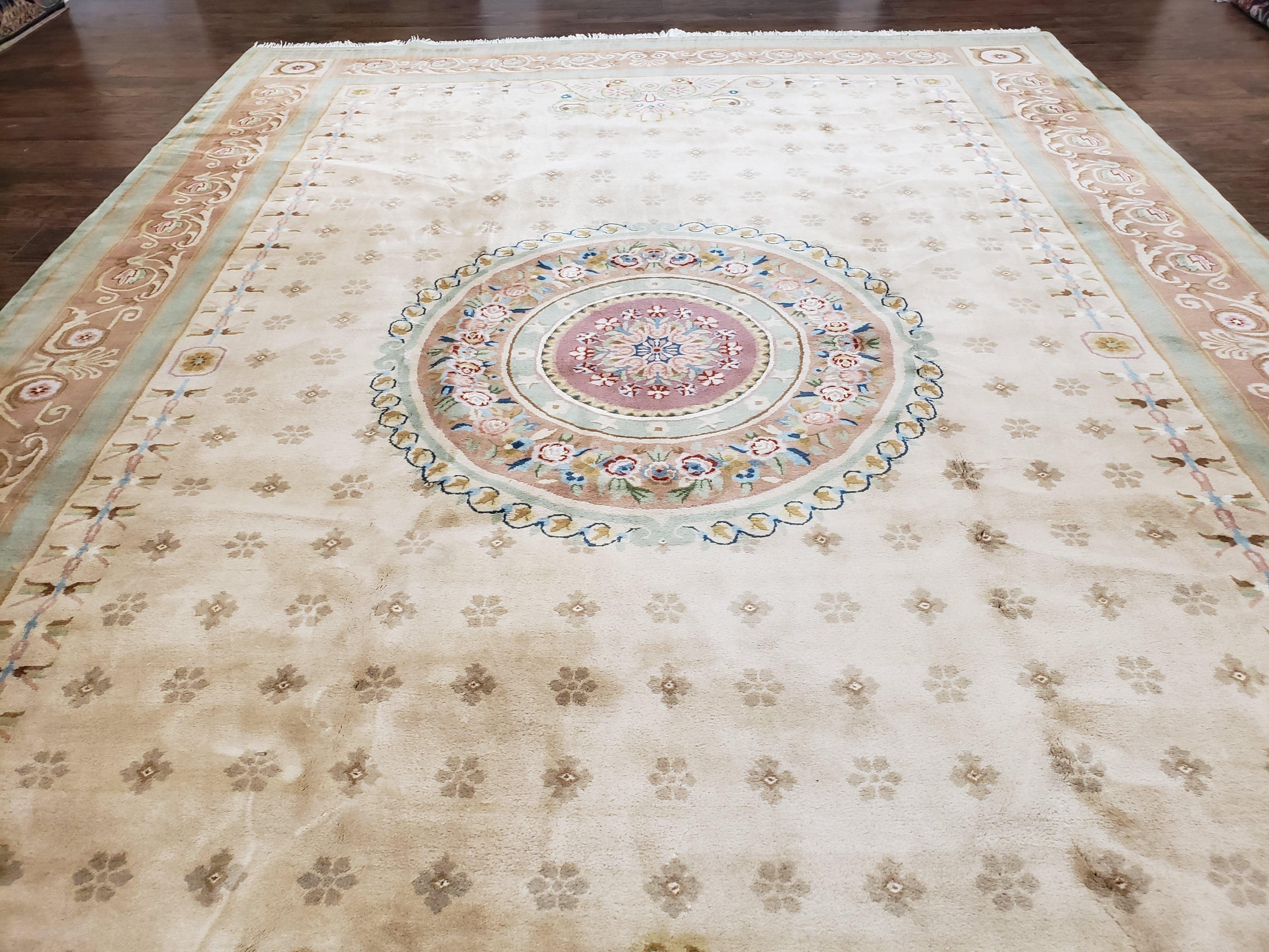 Large Vintage Chinese Aubusson Savonnerie Room Sized Rug 10x14, Wool Handmade Hand-Knotted 120 Line Living Room Dining Room Rug, Beige - Jewel Rugs