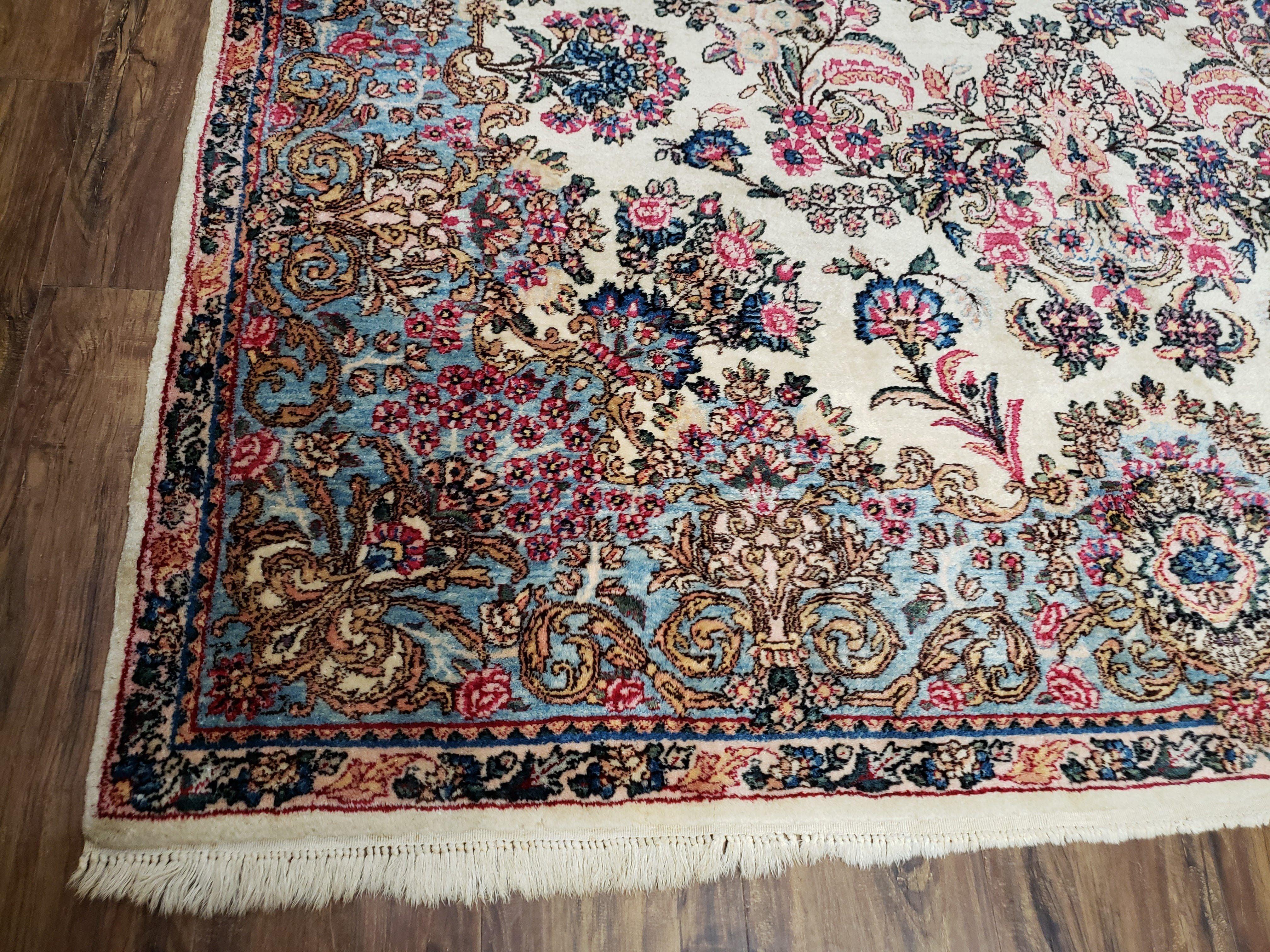 Antique Persian Kirman Rug, Ivory - Light Blue - Rose, Hand-Knotted, Wool, 5' 11" x 8' 11" - Jewel Rugs