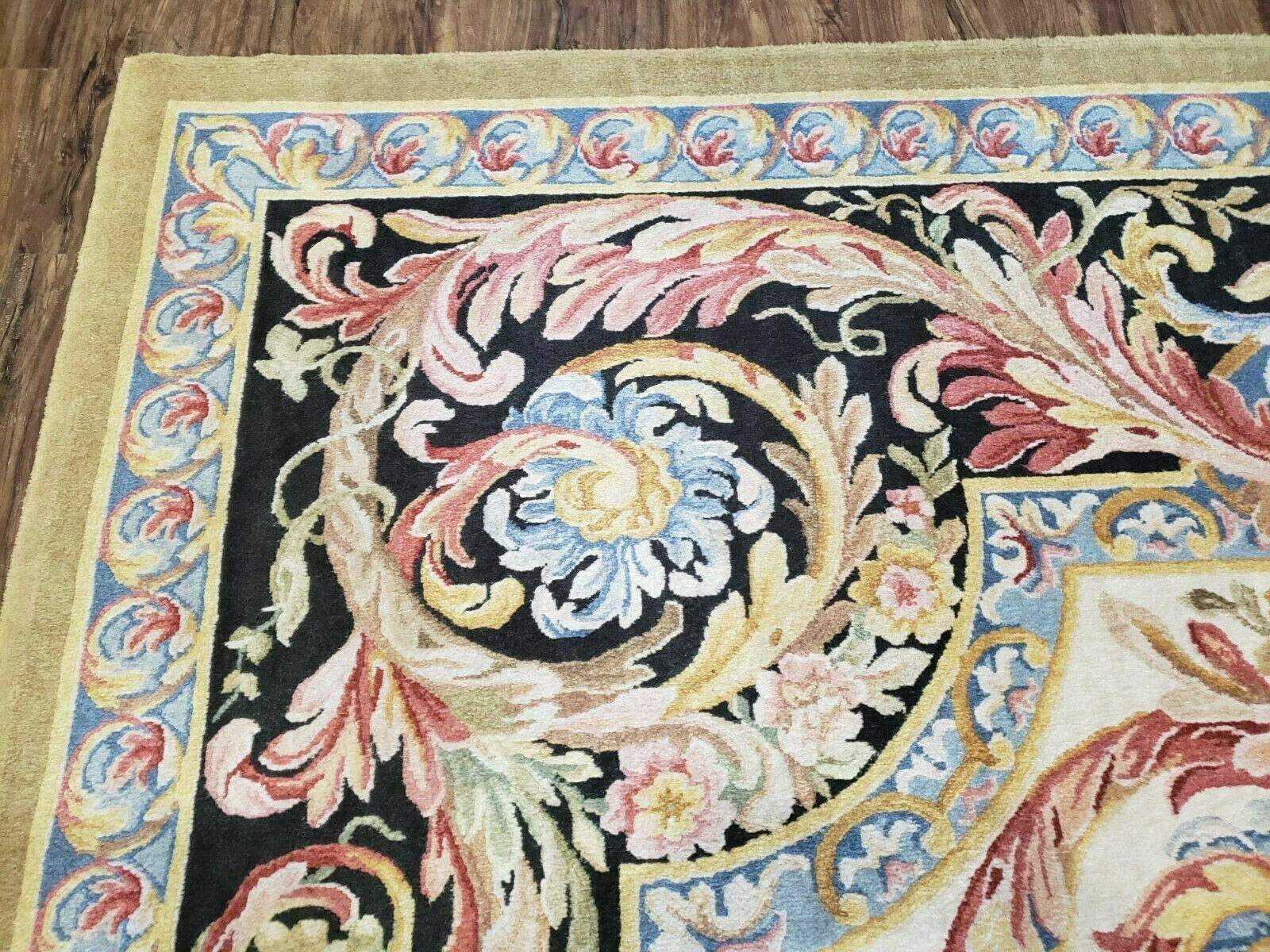 9' X 12' Vintage Chinese Handmade Wool Aubusson Savonnerie Rug Black Gold - Jewel Rugs