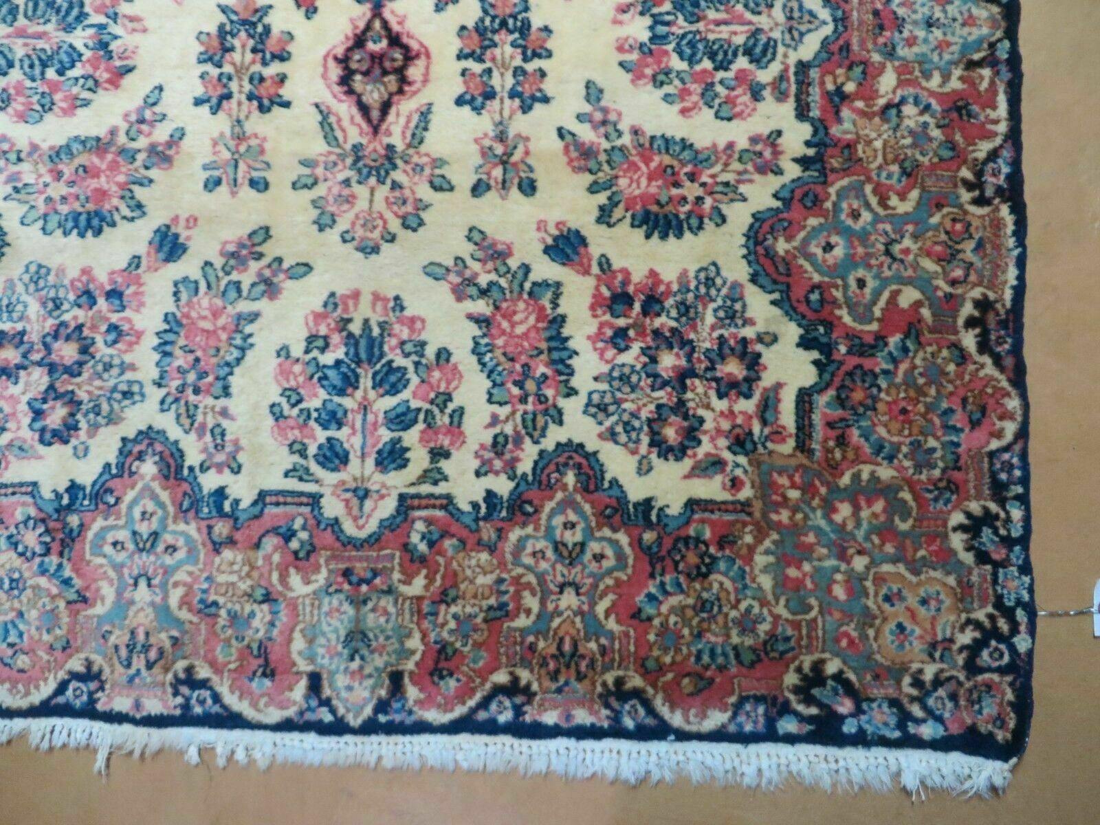 Antique Persian Kirman Rug 3.9 x 6.6, Floral Oriental Carpet, Ivory/Cream - Blue - Pink, Hand Knotted Wool Rug, Floral Medallion Rug 4x6 - Jewel Rugs