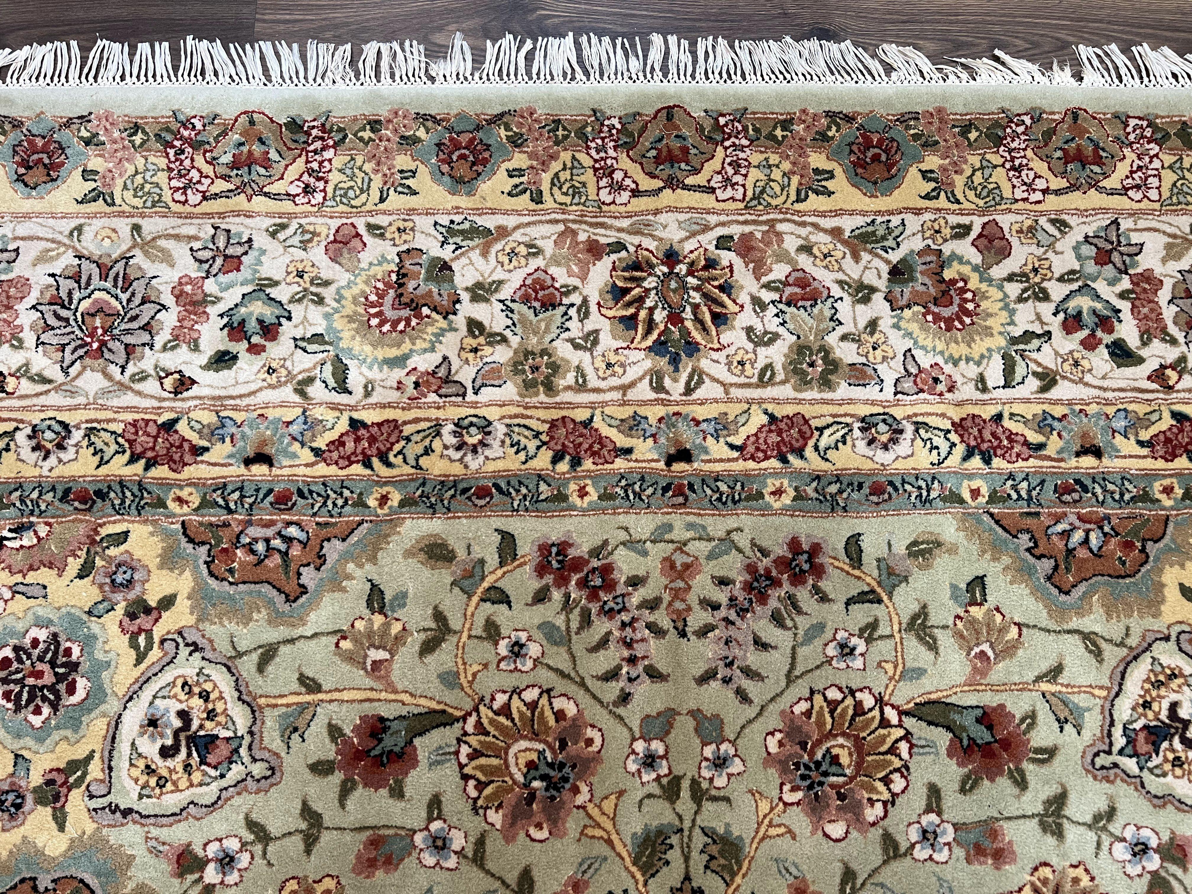 Large Oriental Rug 10x14, Persian Design Carpet 10 x 14, Vintage Hand-Tufted Wool Rug, Floral Medallion, Pastel Green Ivory Light Yellow - Jewel Rugs