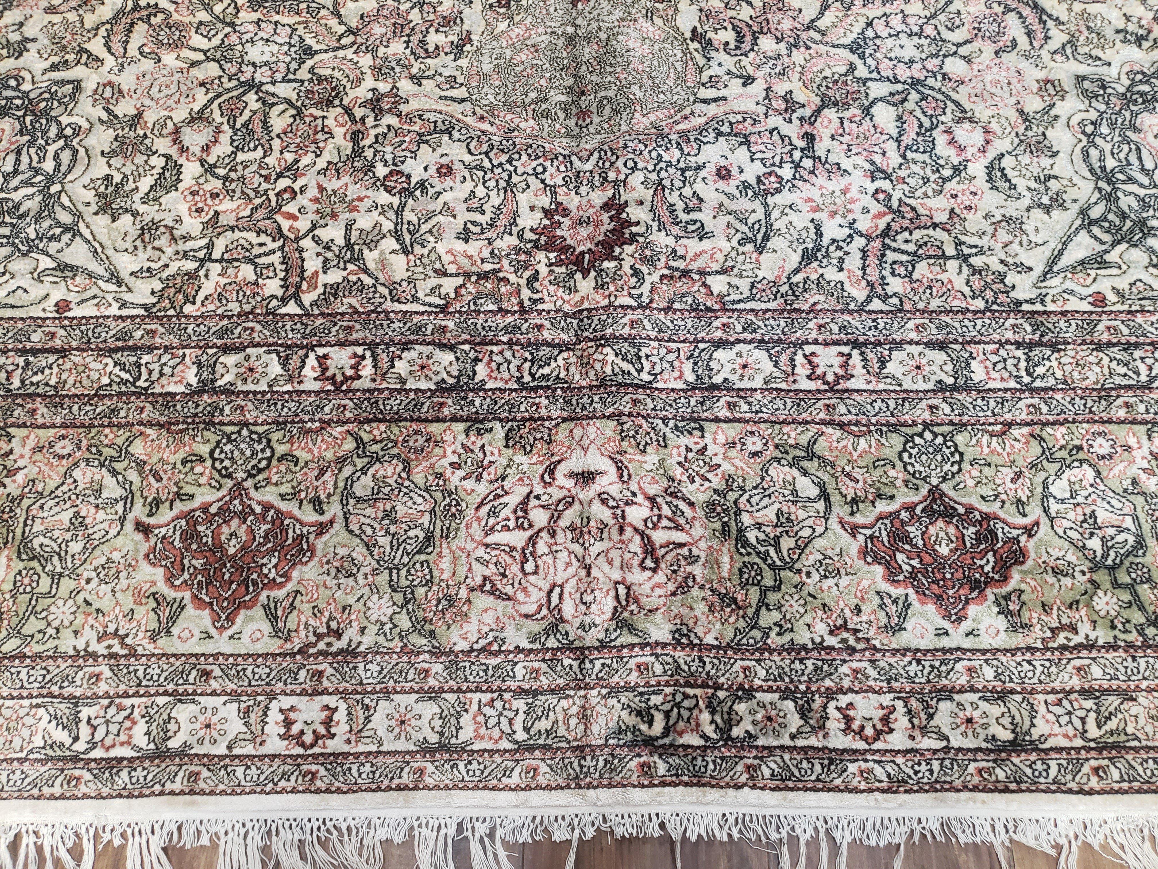 Vintage Indian Room Sized Silk Rug 8x10, Indo Kashmiri Carpet, Hand-Knotted Persian Oriental Carpet, Floral Medallion Allover Pattern, Ivory - Jewel Rugs