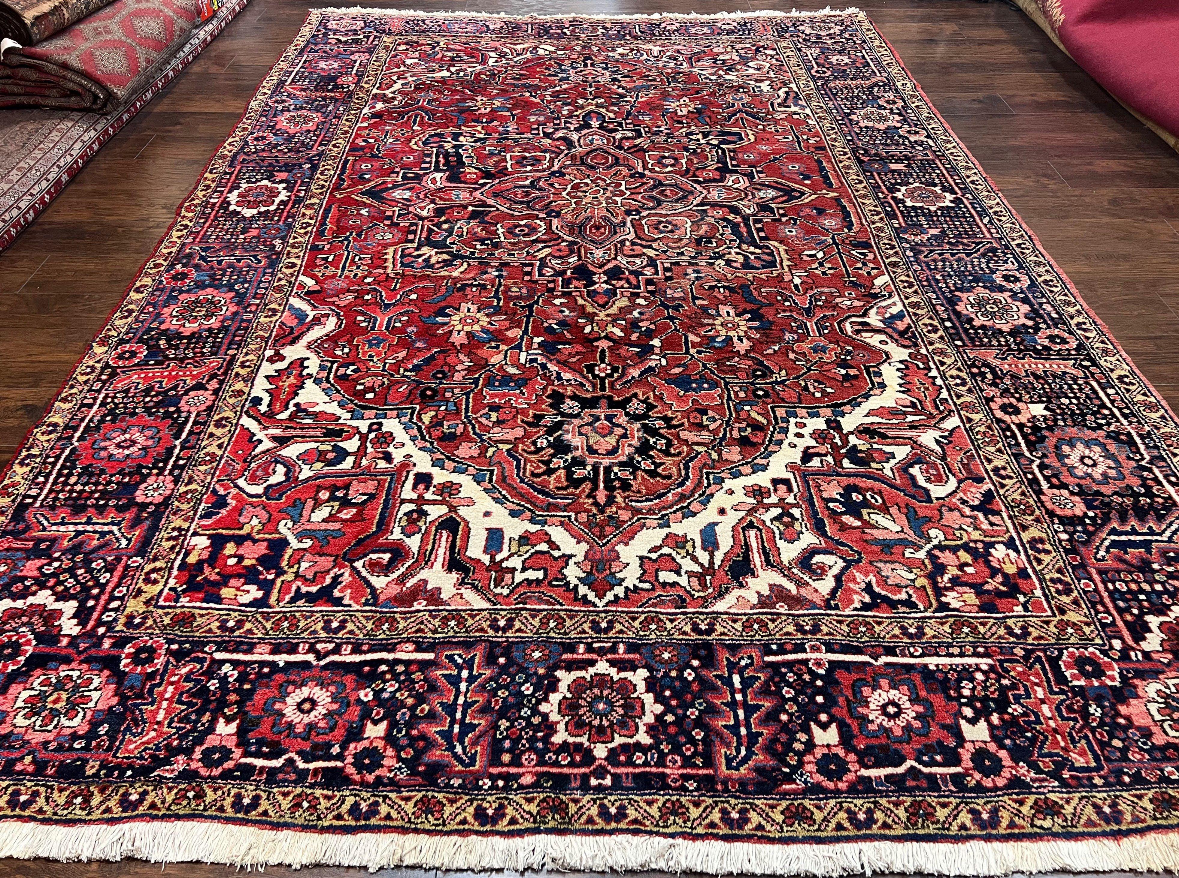 Persian Heriz Rug 8x12, Vintage Geometric Medallion Carpet, Semi Antique Wool Handmade Room Sized Oriental Rug 8 x 12, Red Dark Blue Ivory - Jewel Rugs