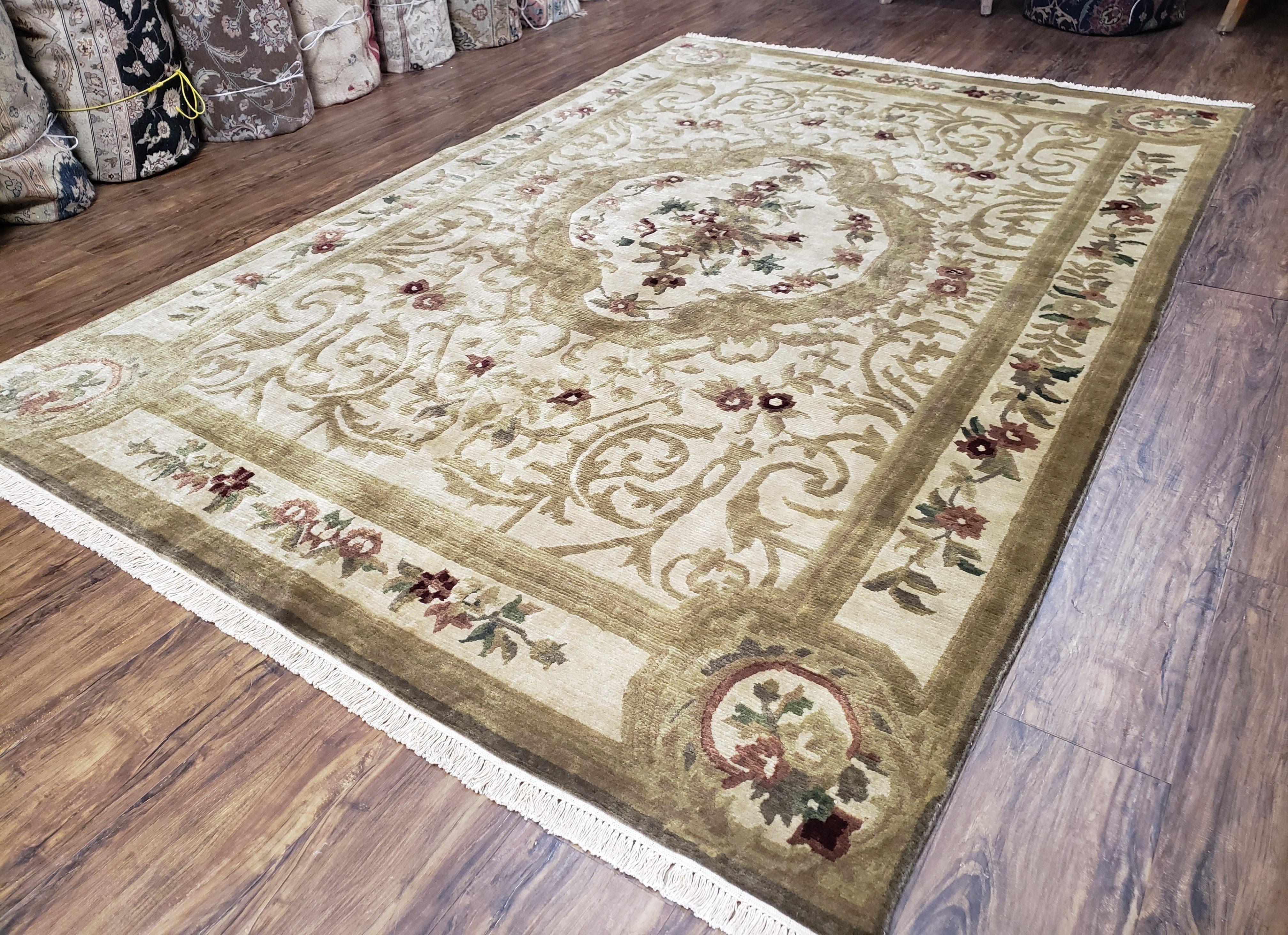 Vintage Nepali Tibetan Aubusson Rug 6x9, Wool Hand-Knotted Cream Beige Carpet, Leaves & Floral Pattern 6 x 9 Soft Area Rug Home Office Rug - Jewel Rugs