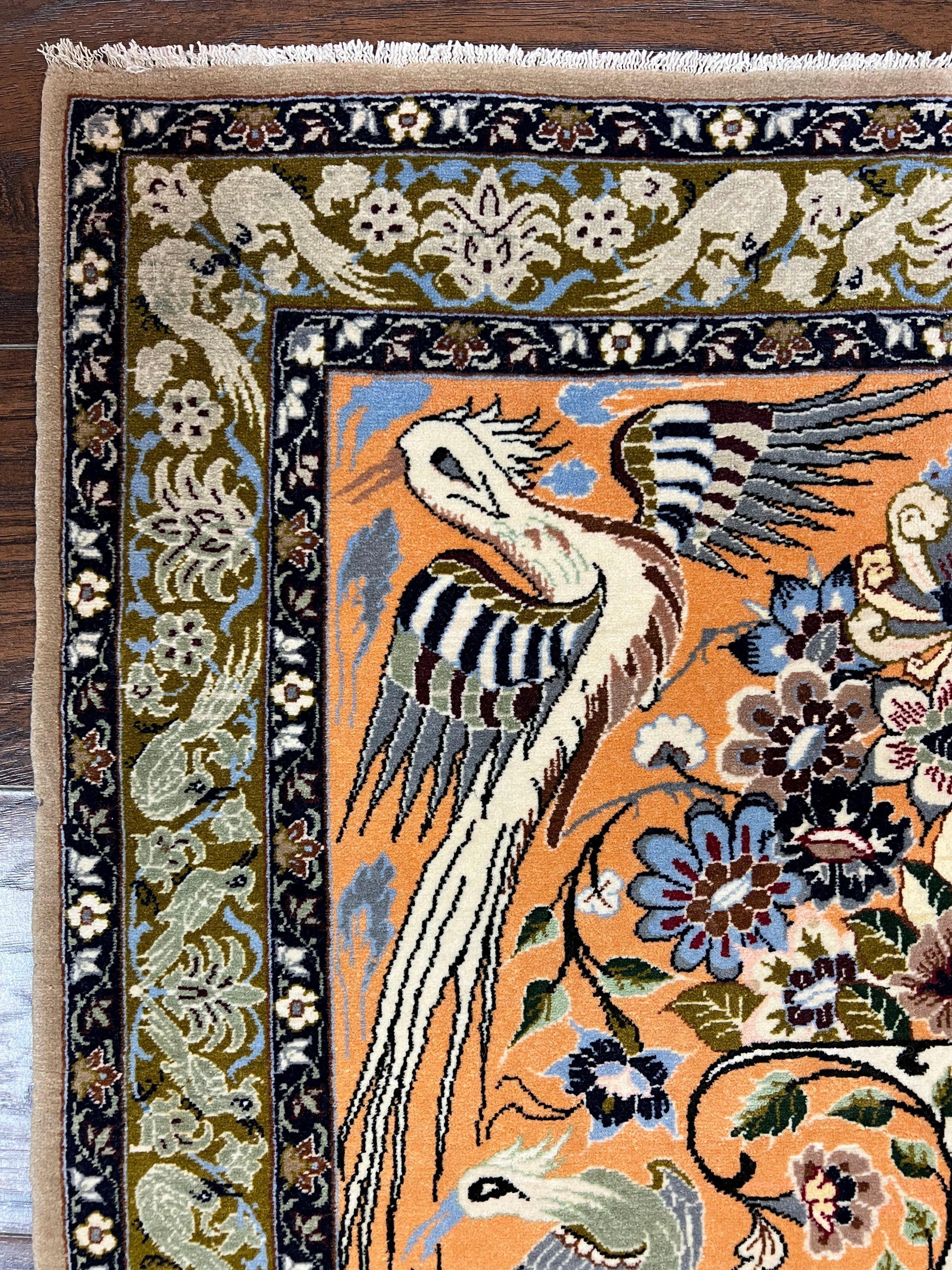 Very Fine Small Persian Isfahan Rug 2.6 x 4, Kork Wool on Silk Hand-Knotted Vintage Animal Pictorials Birds Vase, Signature Masterweaver, Orange - Jewel Rugs