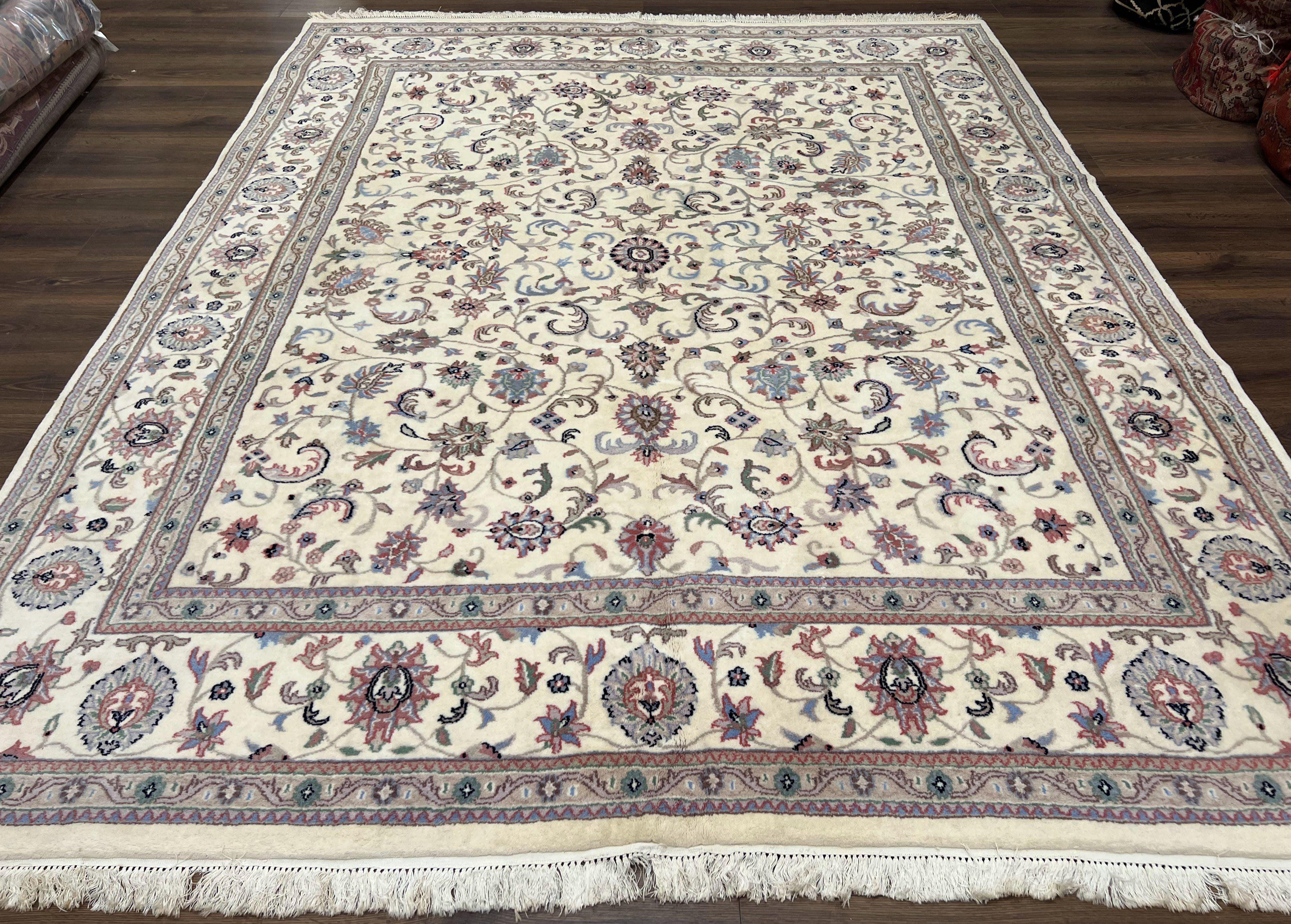 Indo Persian Rug 8x10, Wool Hand Knotted Carpet, Vintage Indian Oriental Carpet 8 x 10, Ivory Light Blue, Allover Floral, Traditional Rug - Jewel Rugs