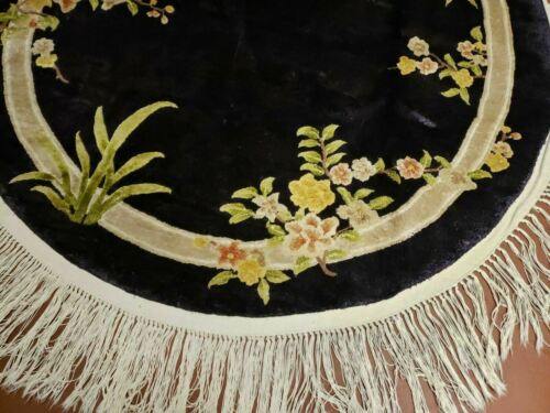 4' X 4' Vintage Round Handmade Chinese Silk Art Deco Rug Flowers Black Nice - Jewel Rugs