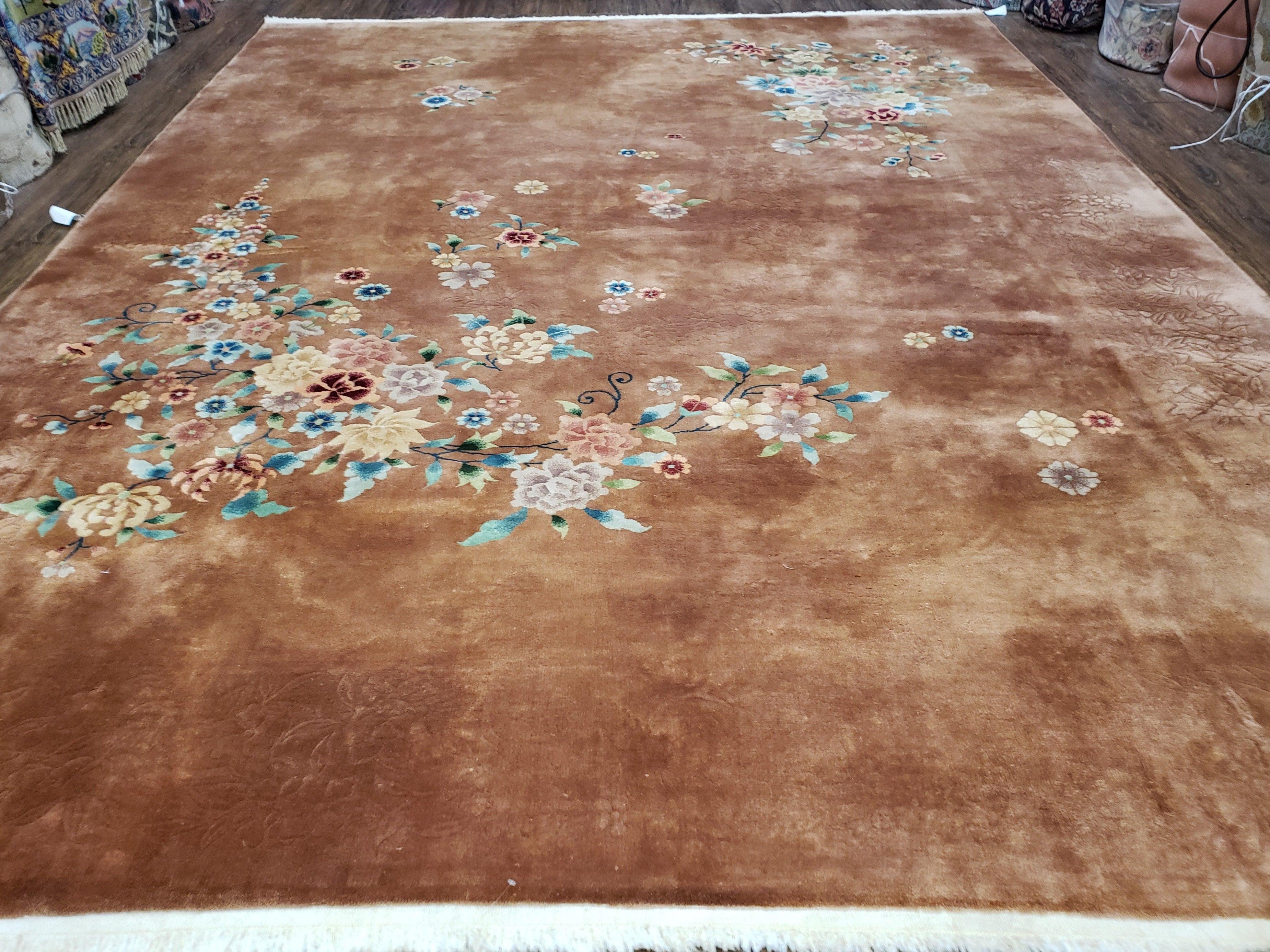 Antique Chinese Art Deco Rug, 9x11 - 9x12 Rug, Light Brown and Multicolor Flowers, Nichols Rug, Asian Deco Rug, Wool Handmade Room Sized Rug - Jewel Rugs