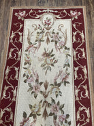 Needlepoint Runner 2.6 x 8 ft, French European Floral Vintage Rug, Beige/Cream Maroon Pink Flowers, Flatweave Runner 8 ft Long Hand Woven - Jewel Rugs