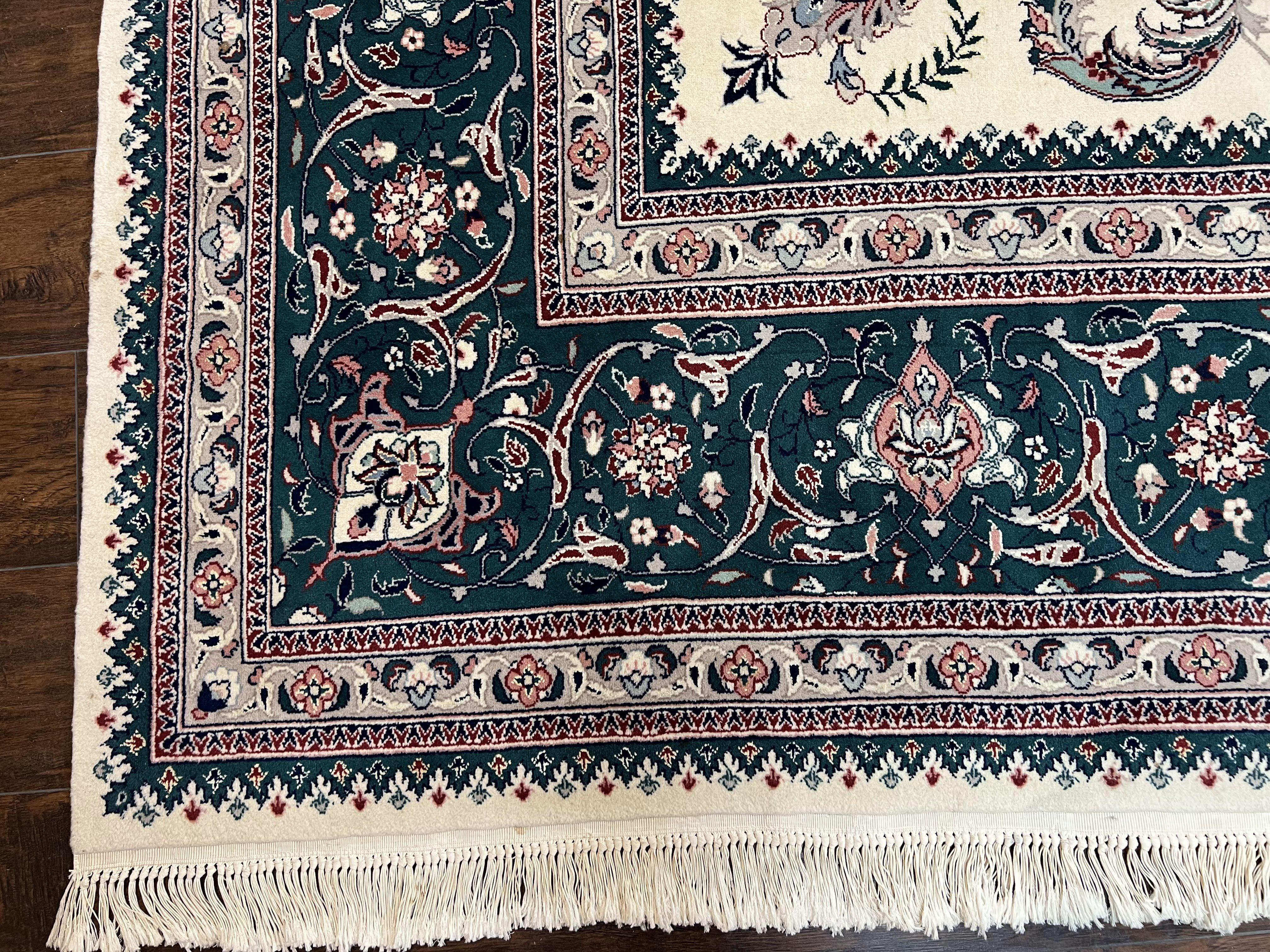 Oversized Persian Rug 12x18, Palace Sized Wool Oriental Carpet Handmade, Ivory/Cream Midnight Green, Floral Allover, Elegant, Traditional - Jewel Rugs