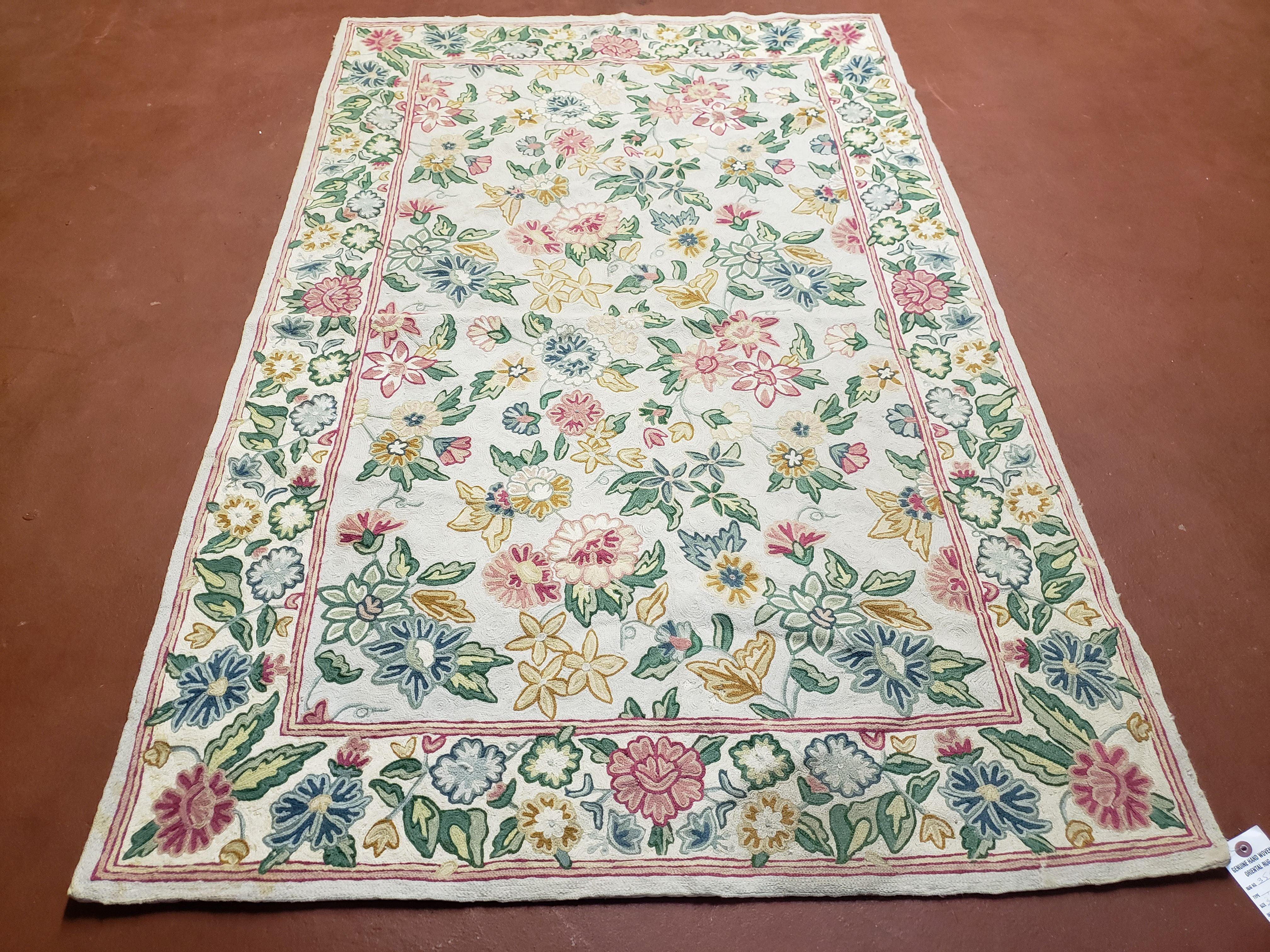 4x6 Chain Stitch Rug 3x5 Indian Rug Hand-Stitched Indo Rug 3' 6" x 5' 5" Floral Pattern Colorful Vintage Wool Pile Cotton Area Rug Flowers - Jewel Rugs