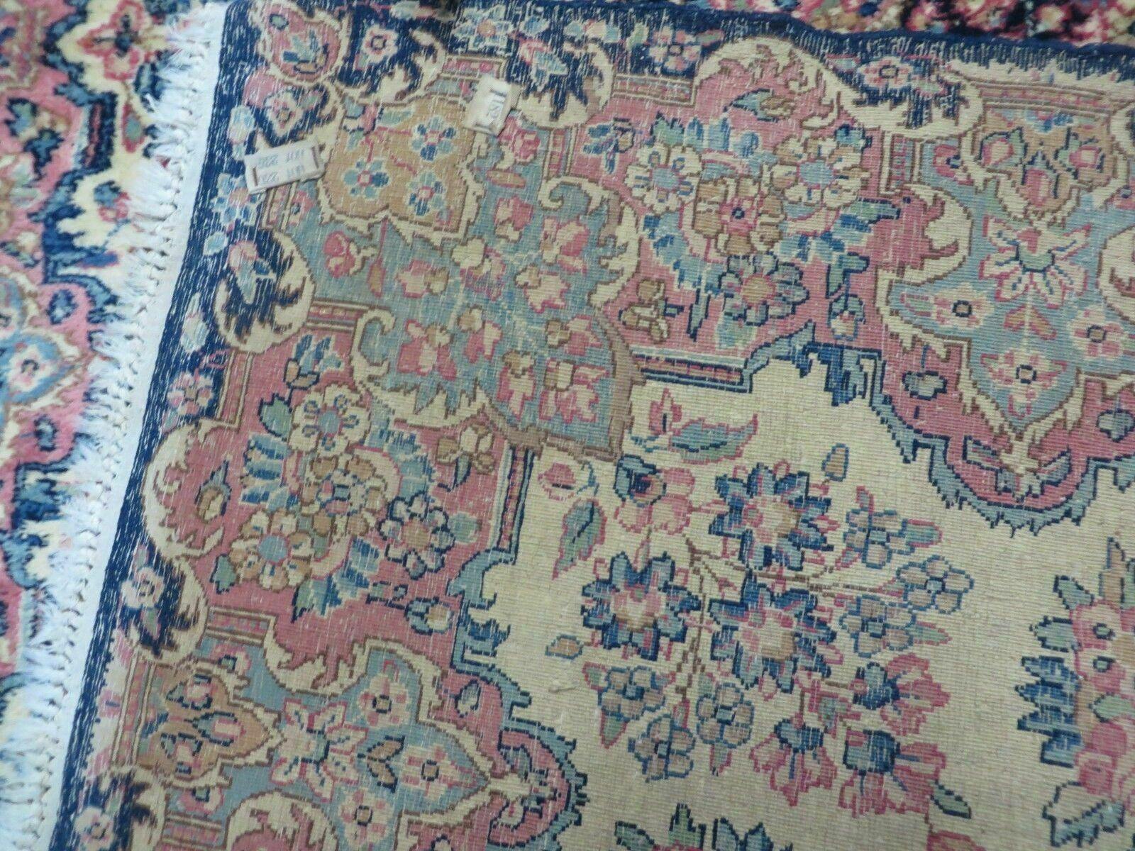 Antique Persian Kirman Rug 3.9 x 6.6, Floral Oriental Carpet, Ivory/Cream - Blue - Pink, Hand Knotted Wool Rug, Floral Medallion Rug 4x6 - Jewel Rugs