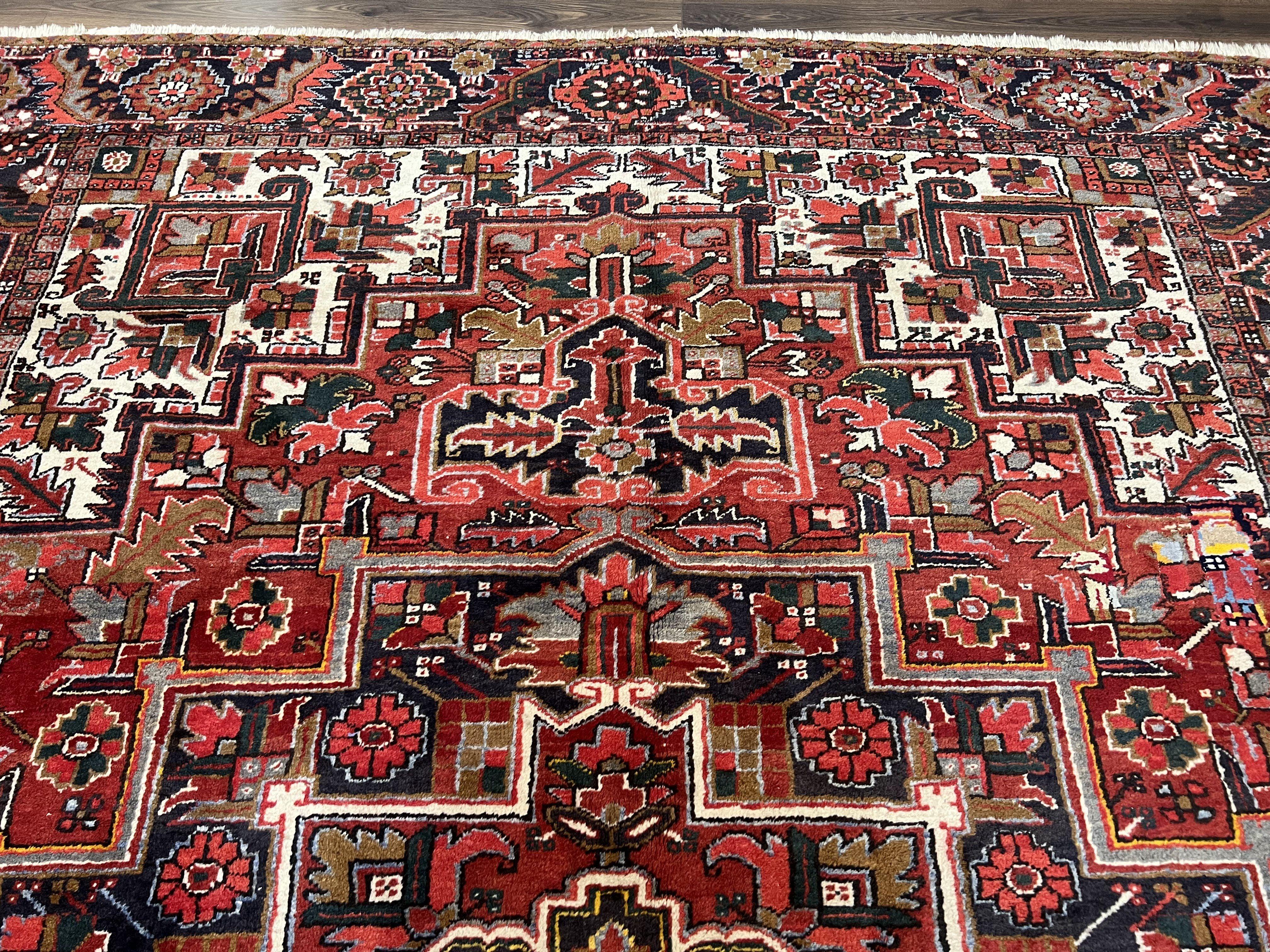 Persian Heriz Rug 8x12, Vintage Geometric Medallion Carpet, Semi Antique Wool Handmade Room Sized Oriental Rug 8 x 12, Red Dark Blue Ivory - Jewel Rugs