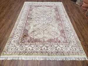 Vintage Indo Kashmir Area Rug 5x7, Ivory Kashmiri Silk Indian Carpet, Hand-Knotted Medallion Rug, 5 x 7 Foyer Room Rug, Traditional Rug - Jewel Rugs