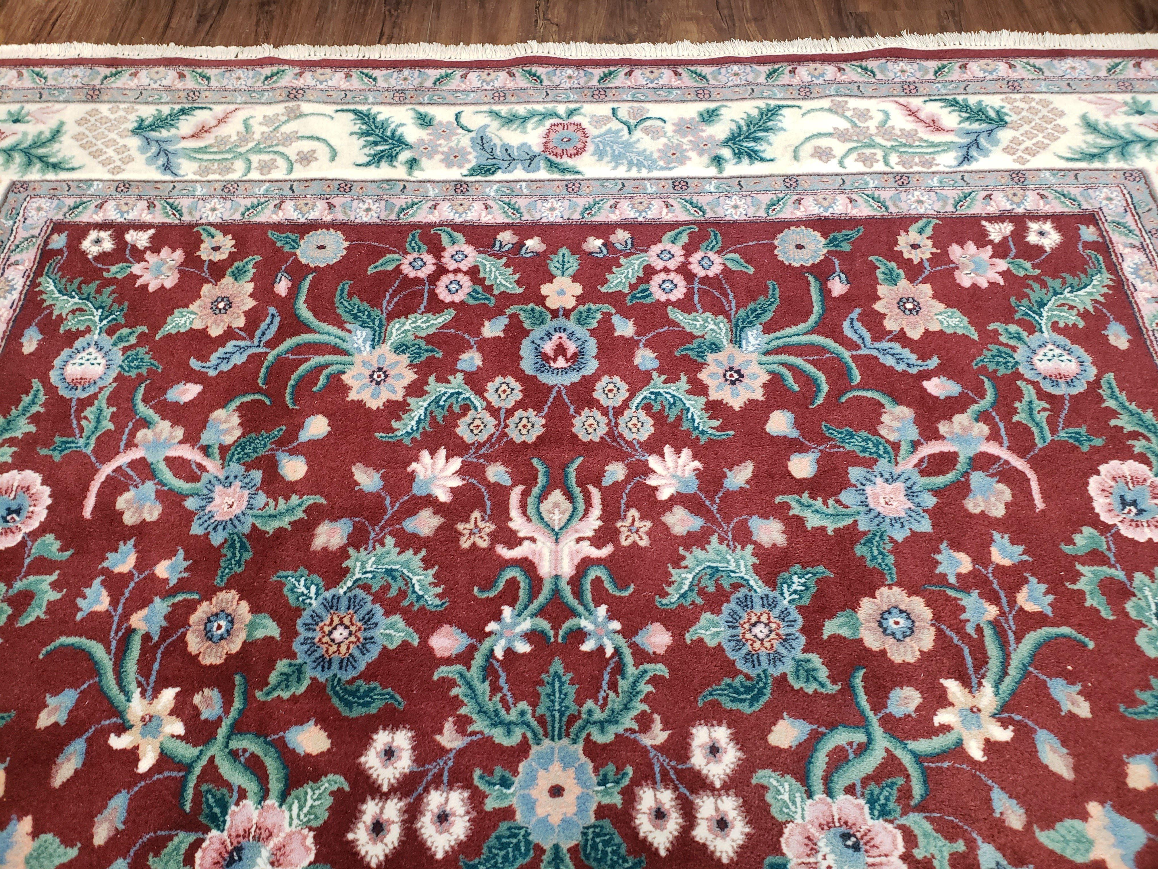 Indo Persian Rug 7.9 x 9.9 ft, Room Sized Indian Carpet, Wool Handmade Vintage Rug, Allover Floral Rug, Traditional Rug, Red Ivory Blue 8x10 - Jewel Rugs