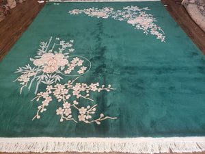 8' X 10' Vintage Handmade Chinese Art Deco Dark Green 120 Line Wool Area Rug with Flowers - Jewel Rugs